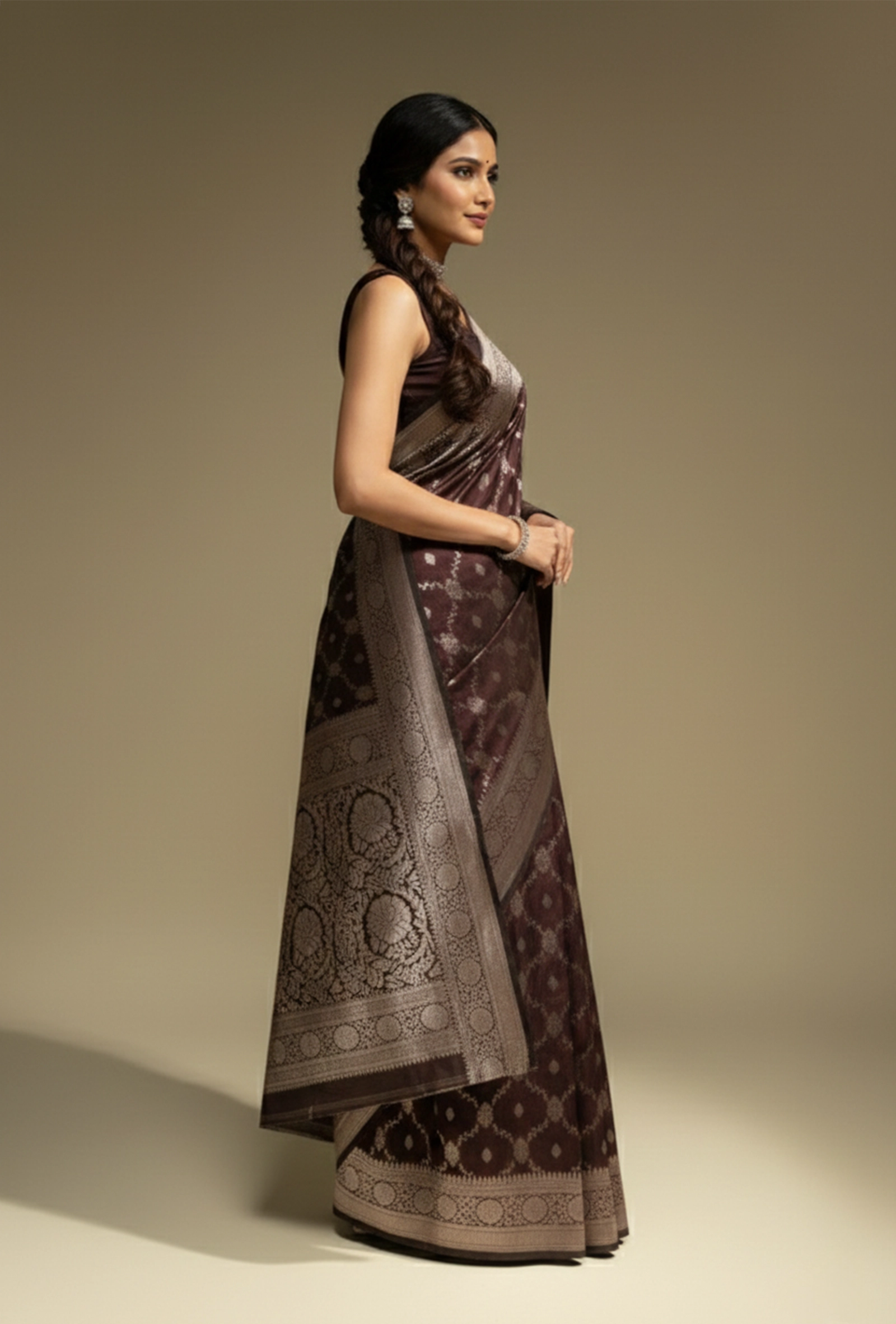 Pure Mashru Silk Saree In Deep Brown With Jaal Work