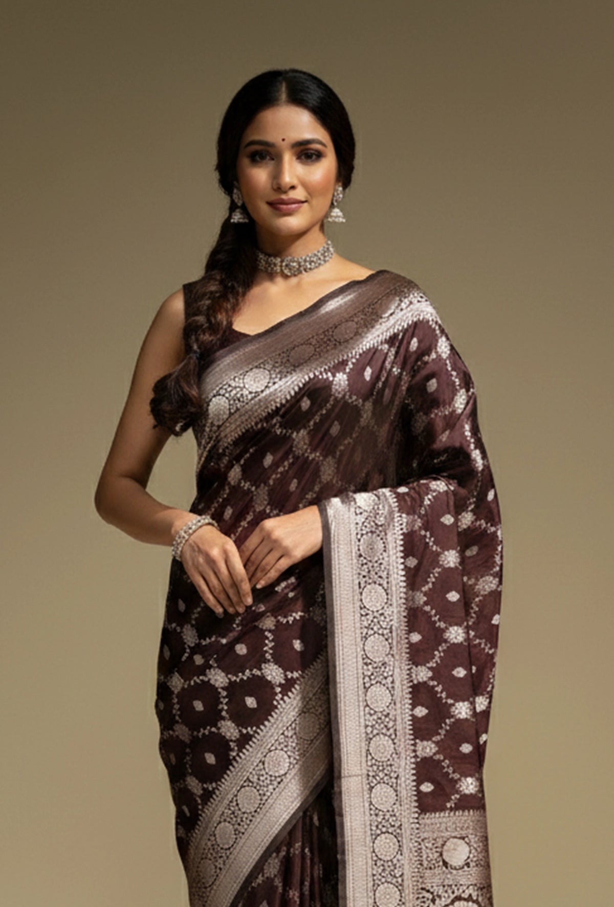 Pure Mashru Silk Saree In Deep Brown With Jaal Work