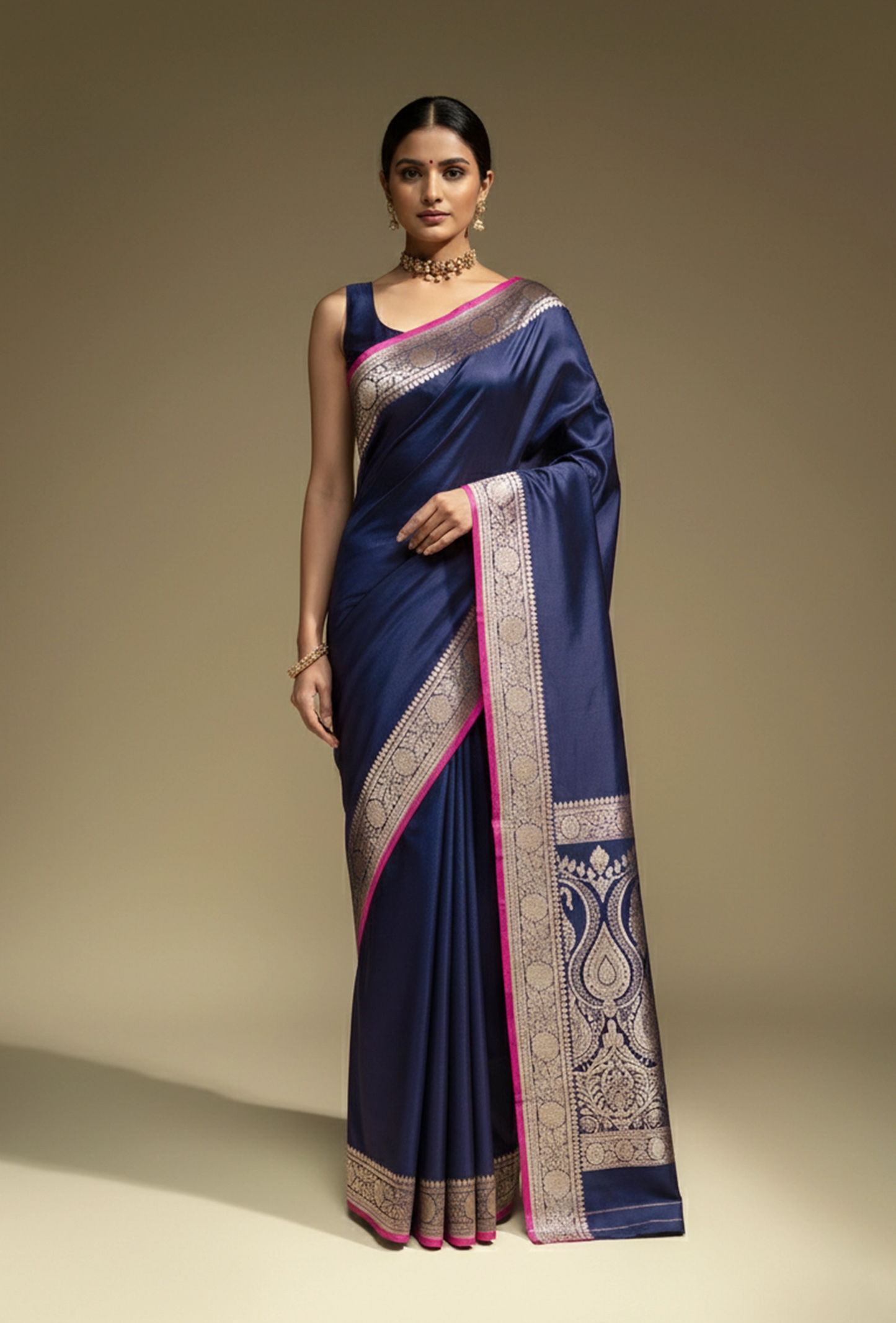 Lush Malai Silk Saree In Royal Blue With Zari Border Detailing