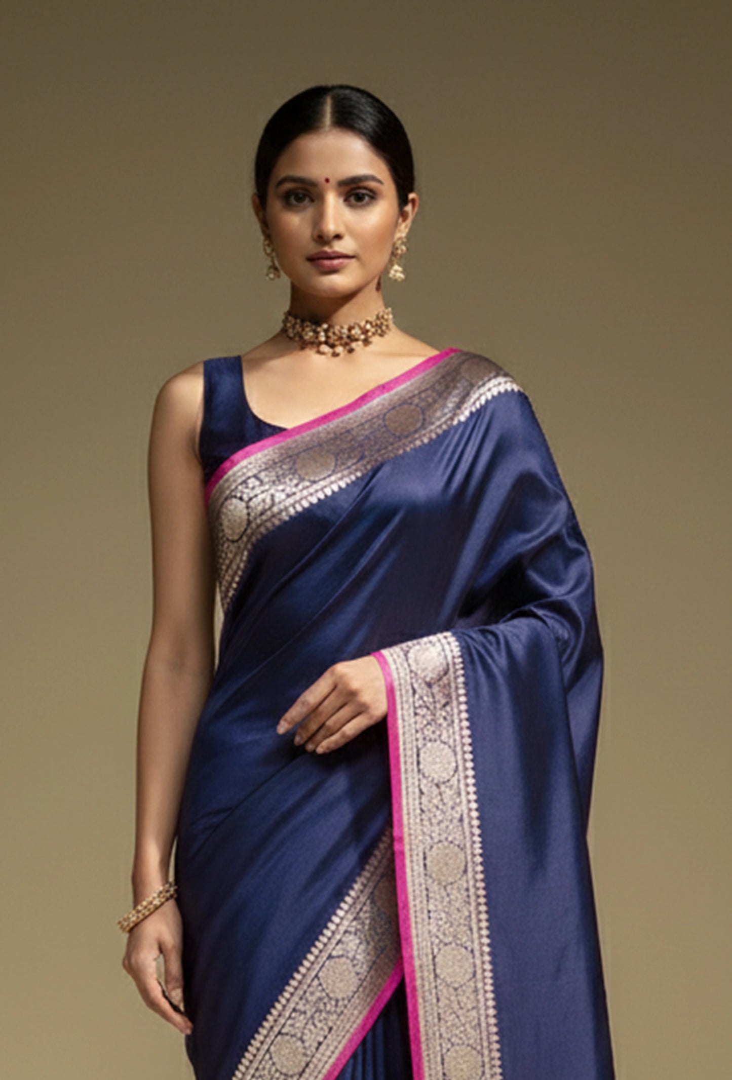 Lush Malai Silk Saree In Royal Blue With Zari Border Detailing