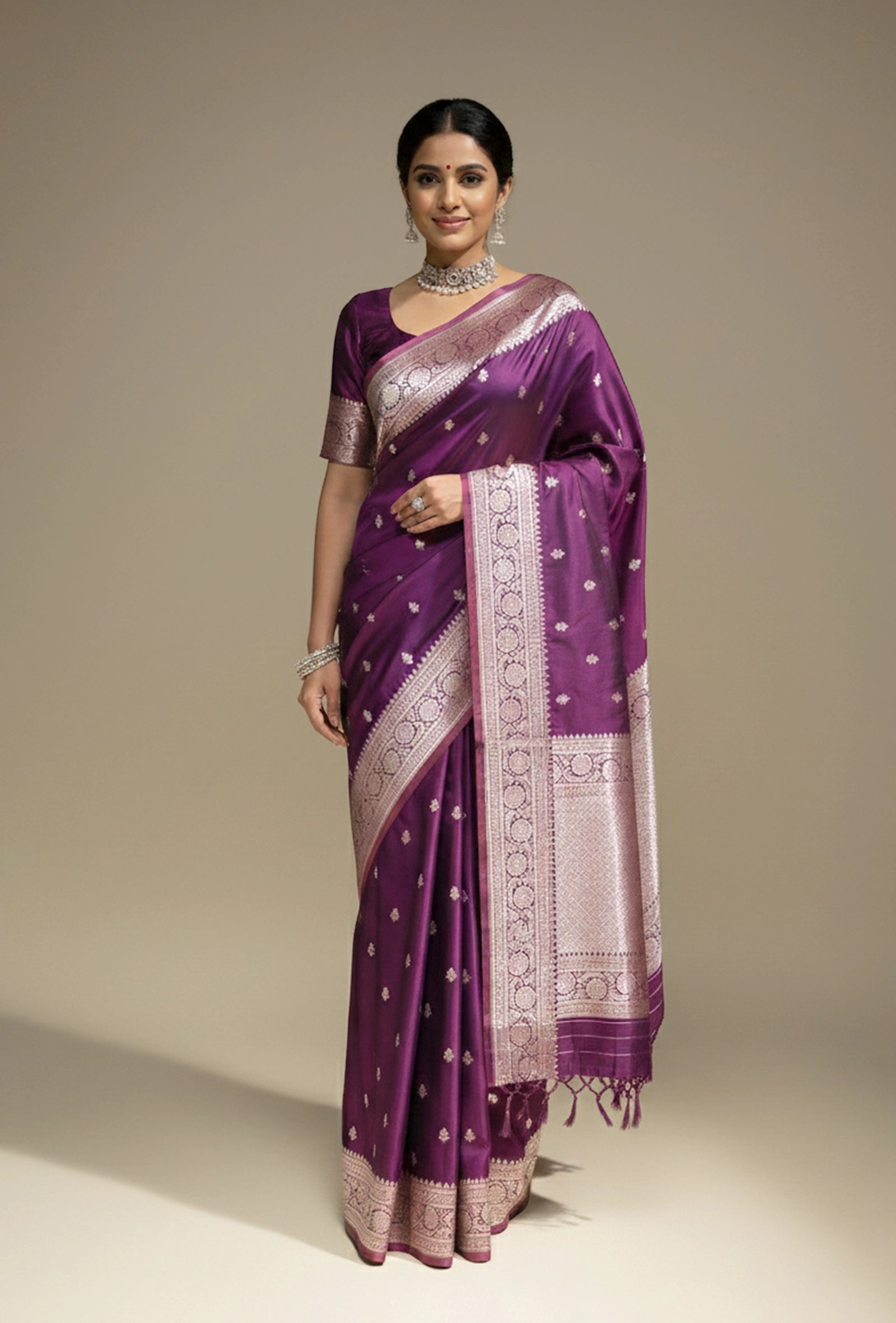 Malai Silk Saree In Deep Purple With Zari Buttiwork