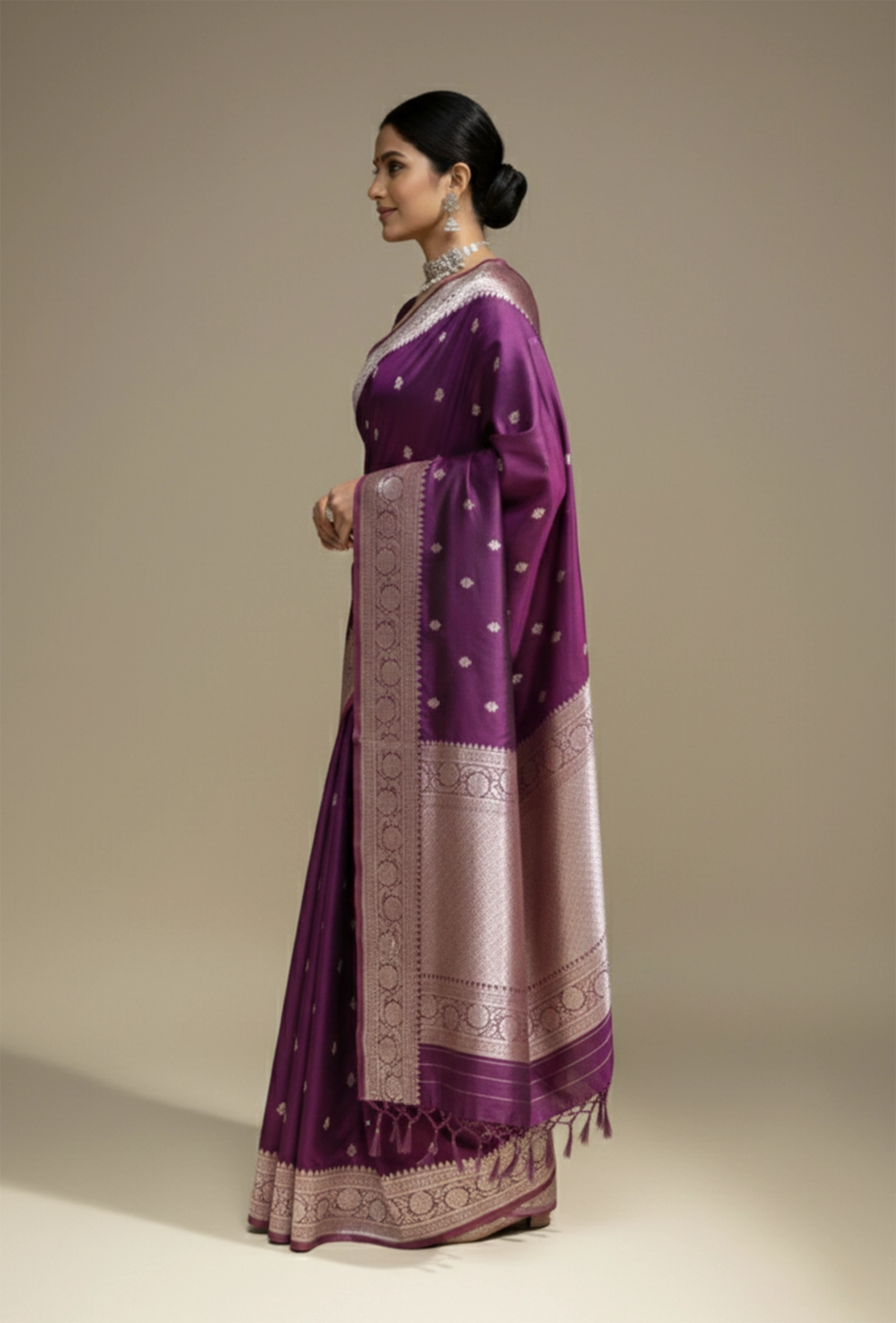 Malai Silk Saree In Deep Purple With Zari Buttiwork
