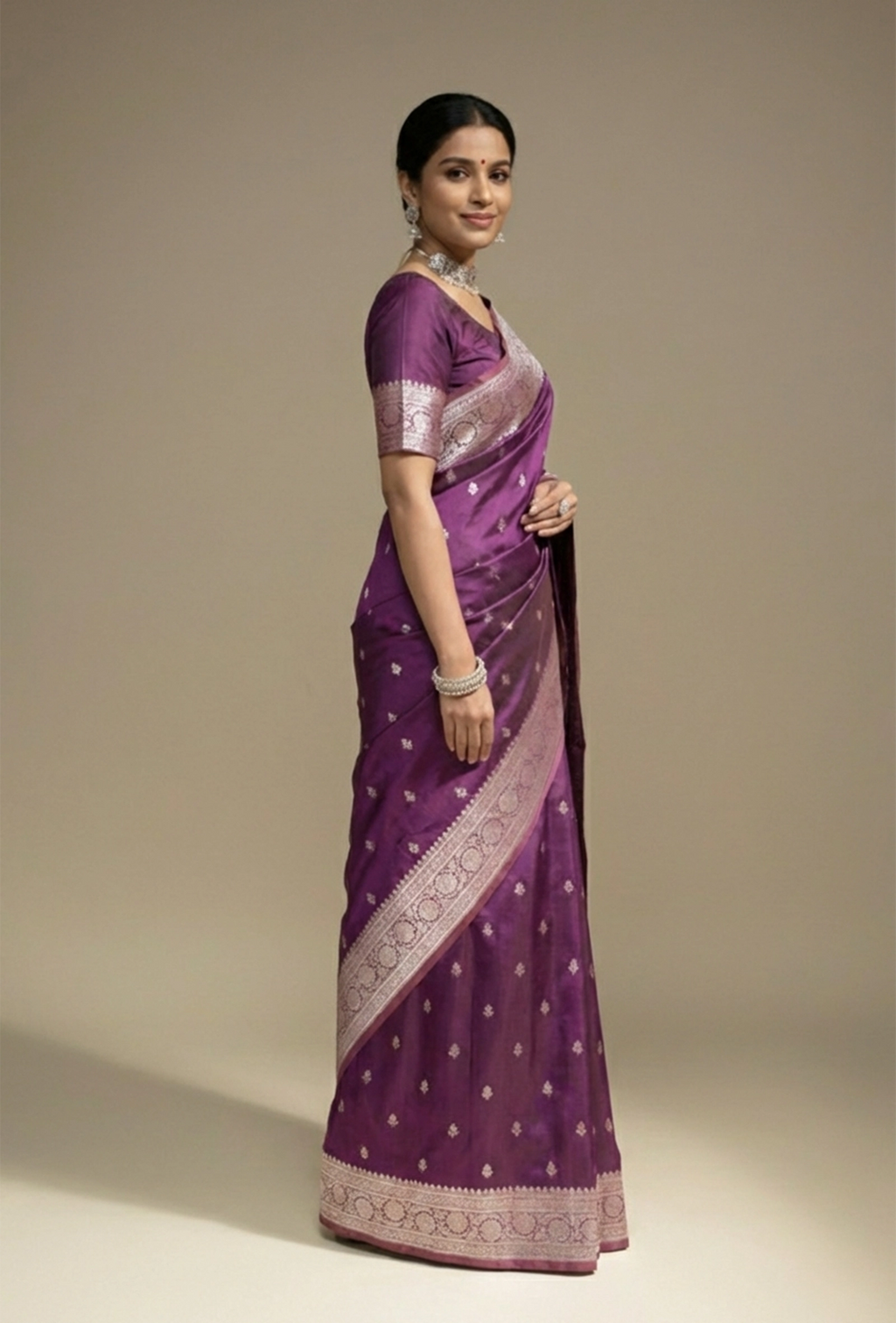 Malai Silk Saree In Deep Purple With Zari Buttiwork