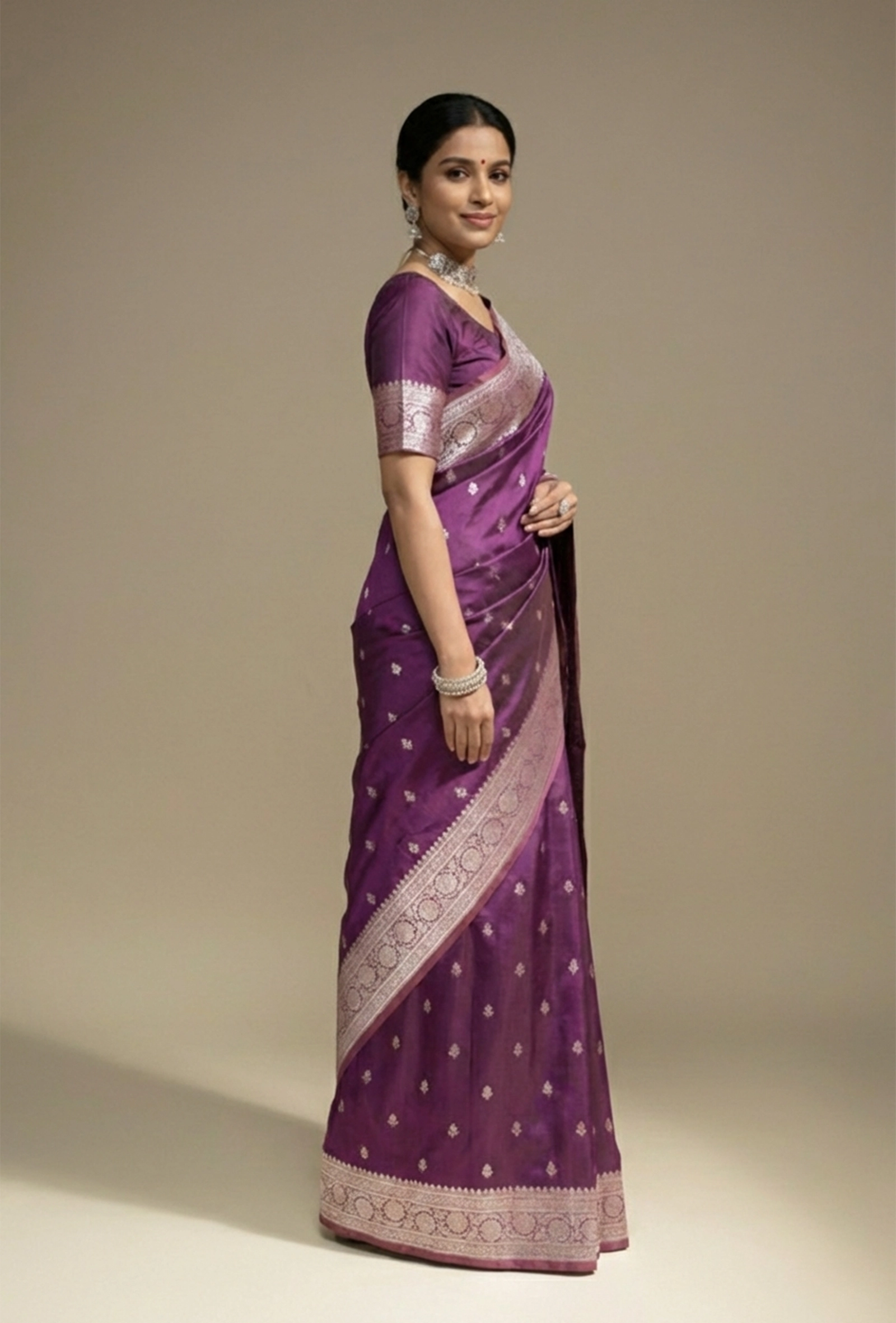Malai Silk Saree In Deep Purple With Zari Buttiwork