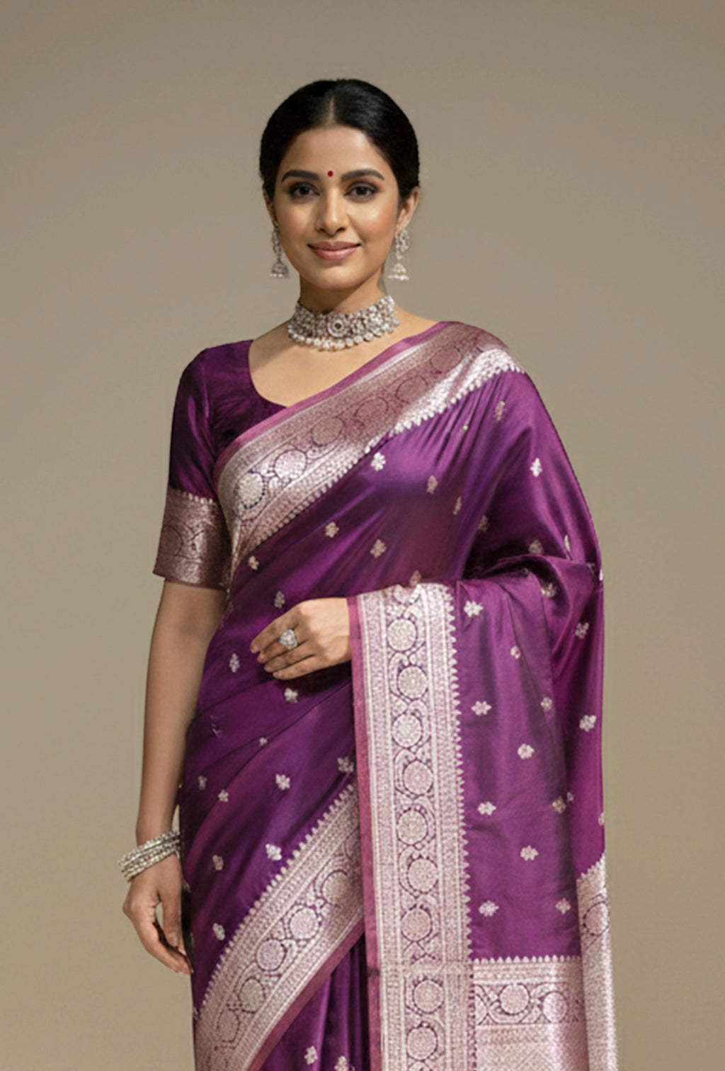 Malai Silk Saree In Deep Purple With Zari Buttiwork