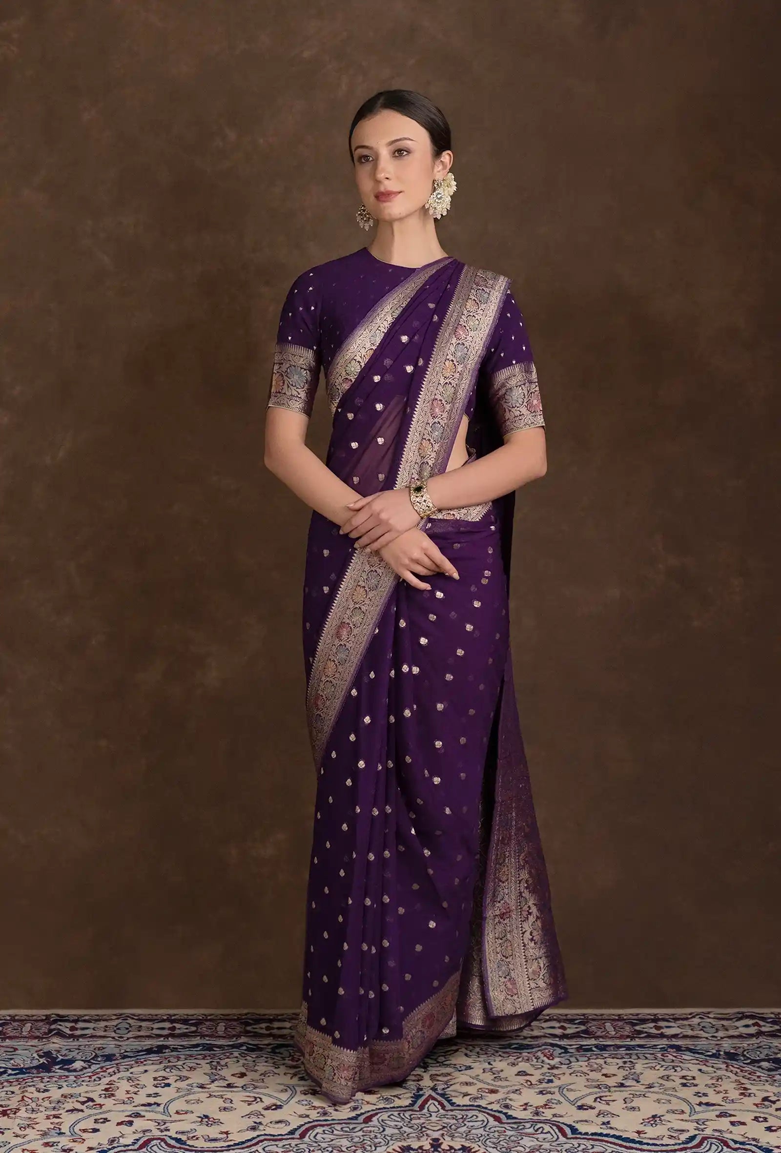 Purple Khadi Georgette Saree with Meenakari Floral Border