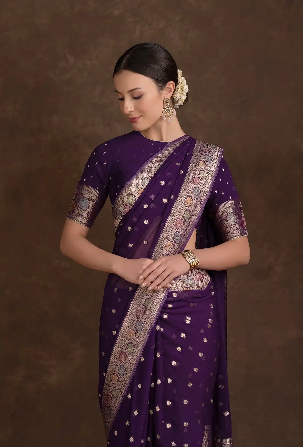 Purple Khadi Georgette Saree with Meenakari Floral Border