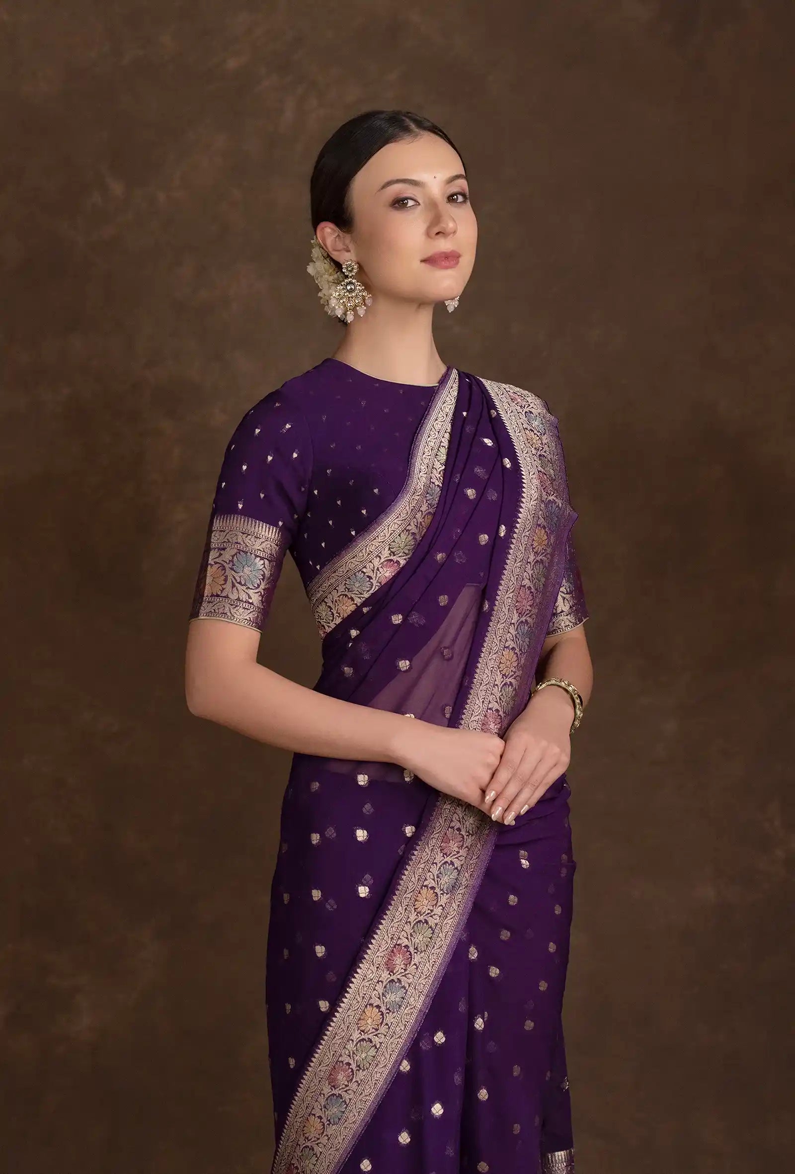 Purple Khadi Georgette Saree with Meenakari Floral Border