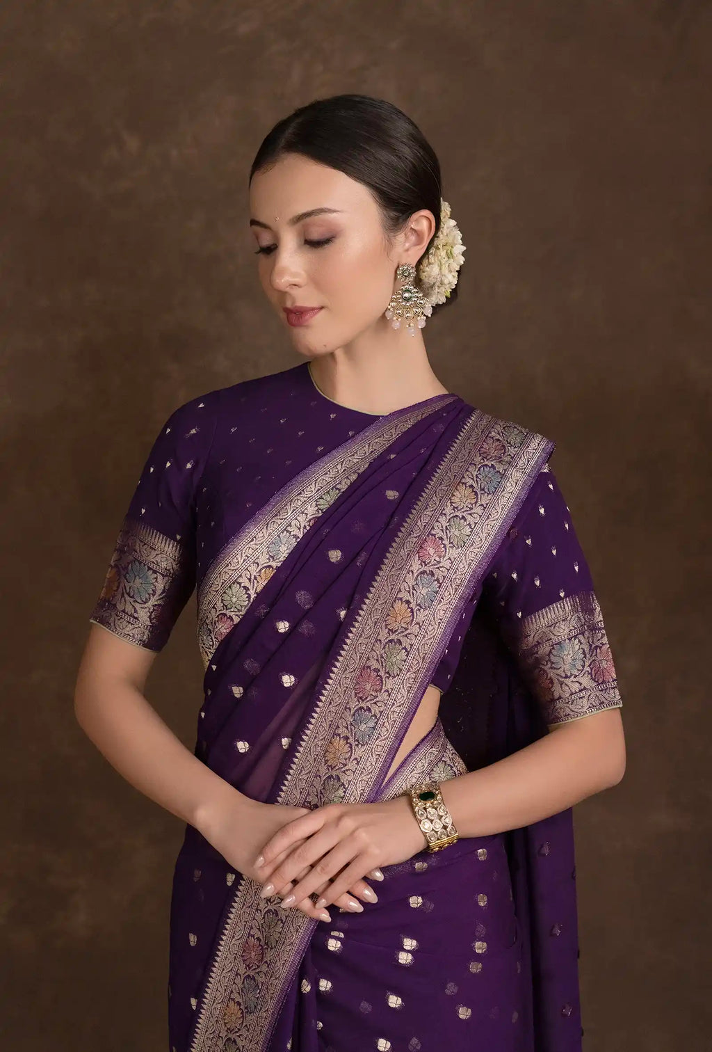 Purple Khadi Georgette Saree with Meenakari Floral Border