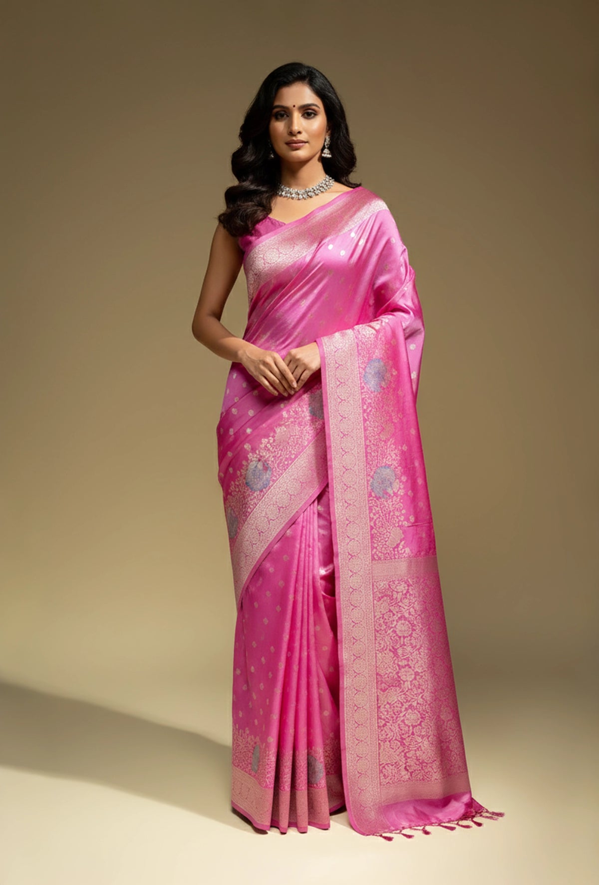 Katan Silk Saree In Magenta Pink With Traditional Weave