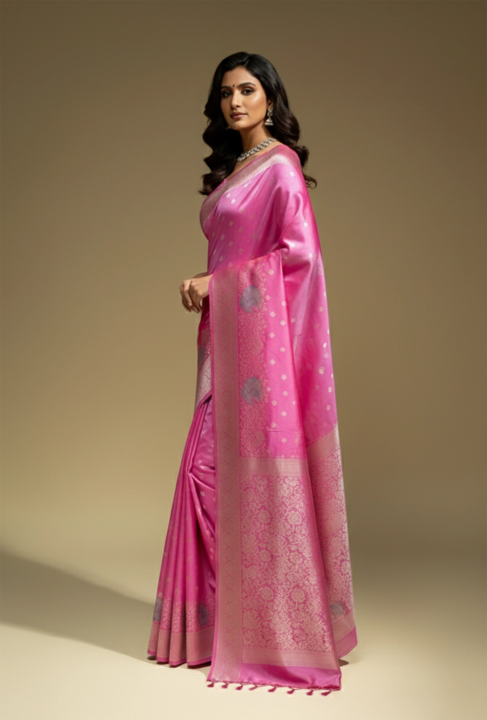 Katan Silk Saree In Magenta Pink With Traditional Weave