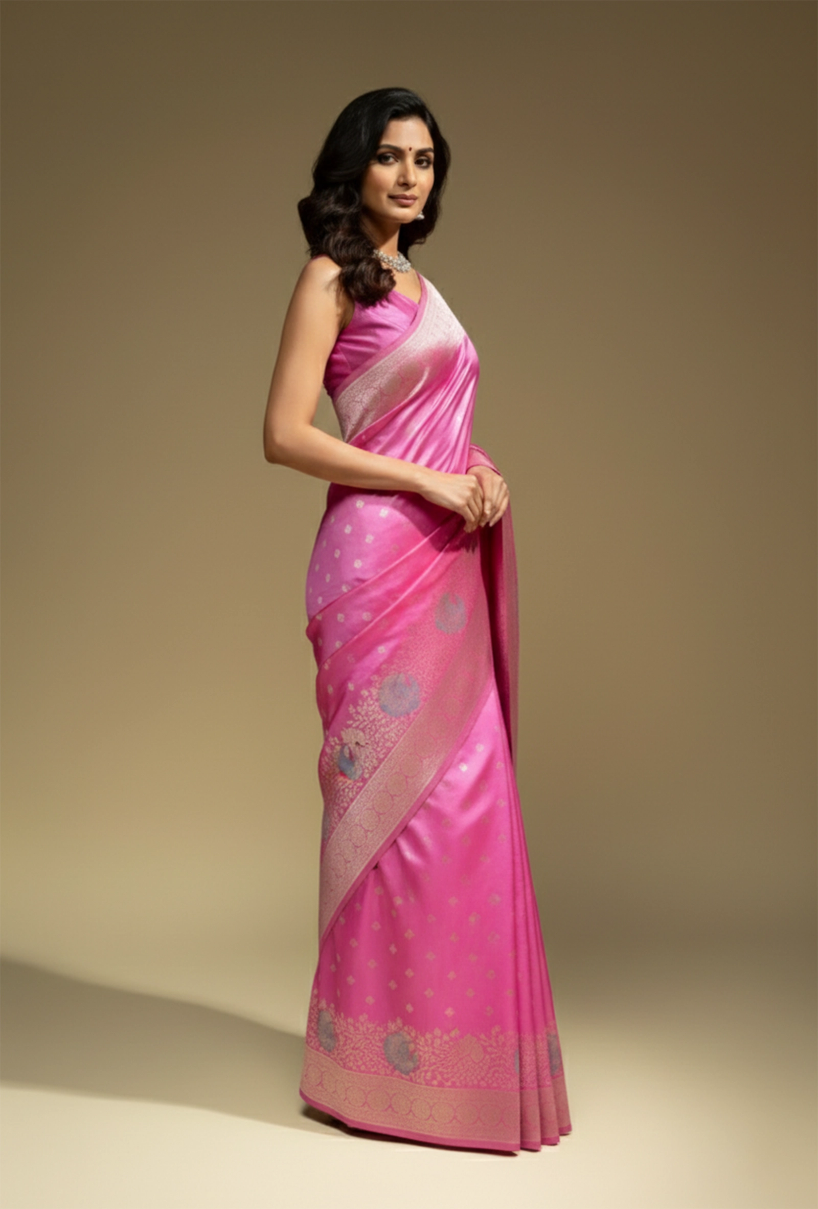 Katan Silk Saree In Magenta Pink With Traditional Weave