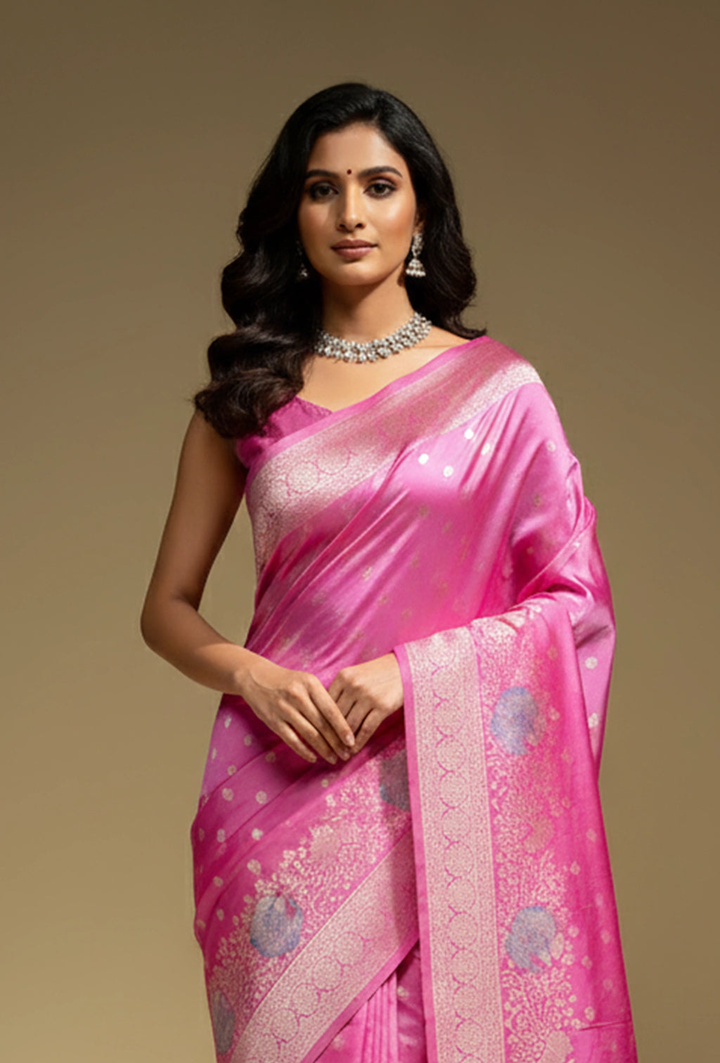 Katan Silk Saree In Magenta Pink With Traditional Weave