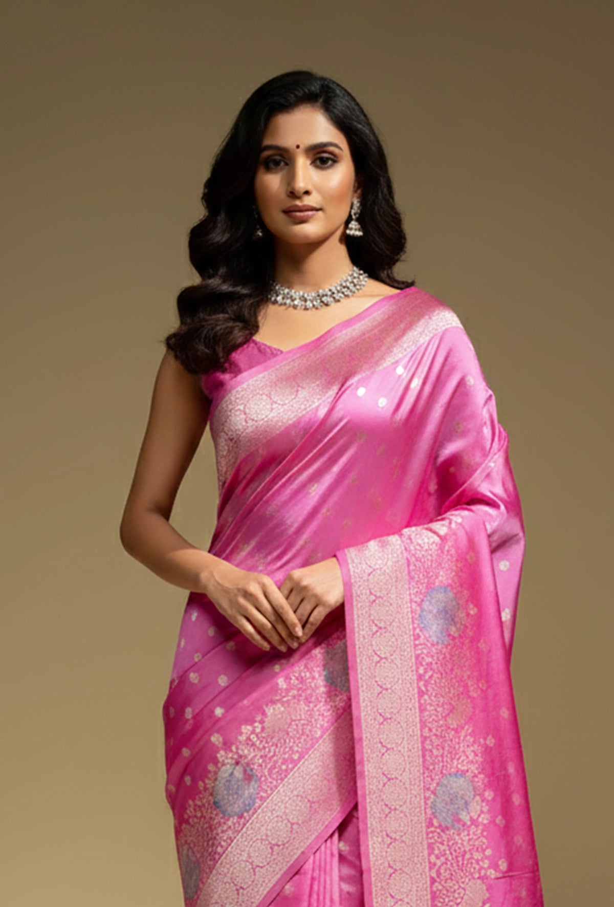 Katan Silk Saree In Magenta Pink With Traditional Weave