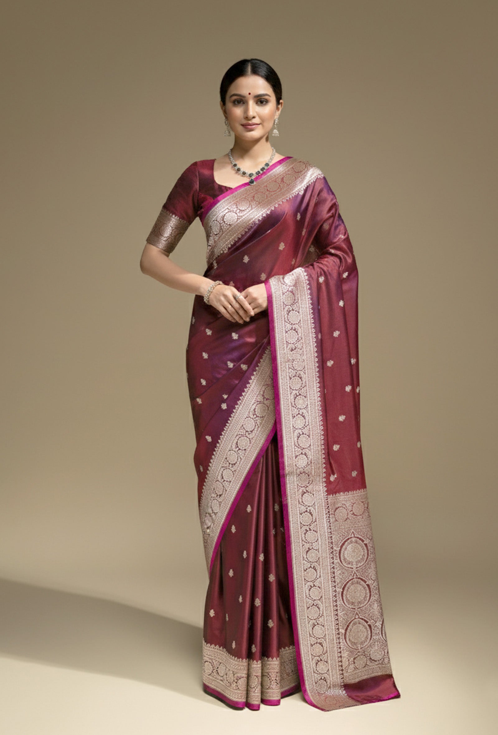 Malai Silk Saree In Deep Wine With Zari Buttiwork Embellishments