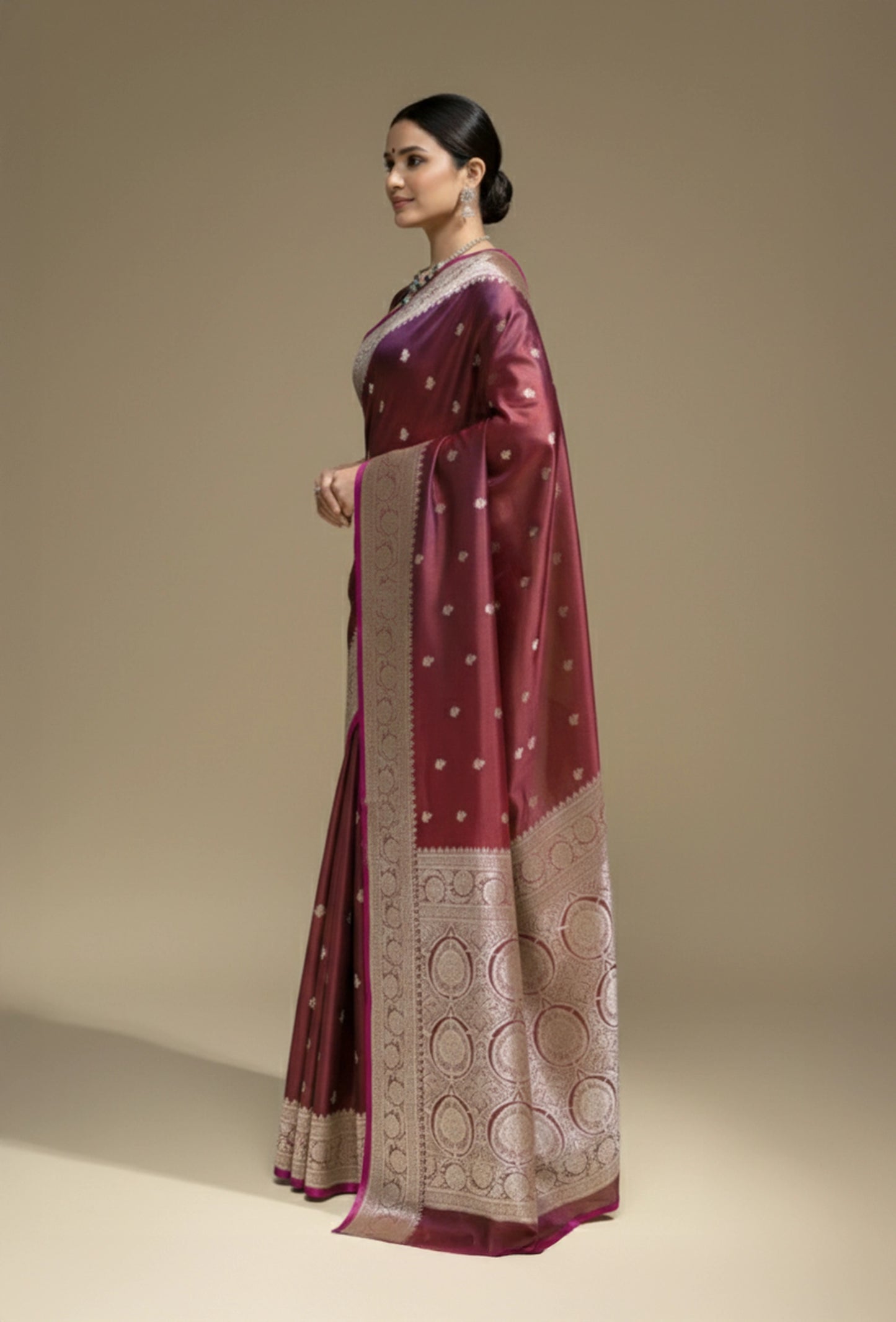 Malai Silk Saree In Deep Wine With Zari Buttiwork Embellishments
