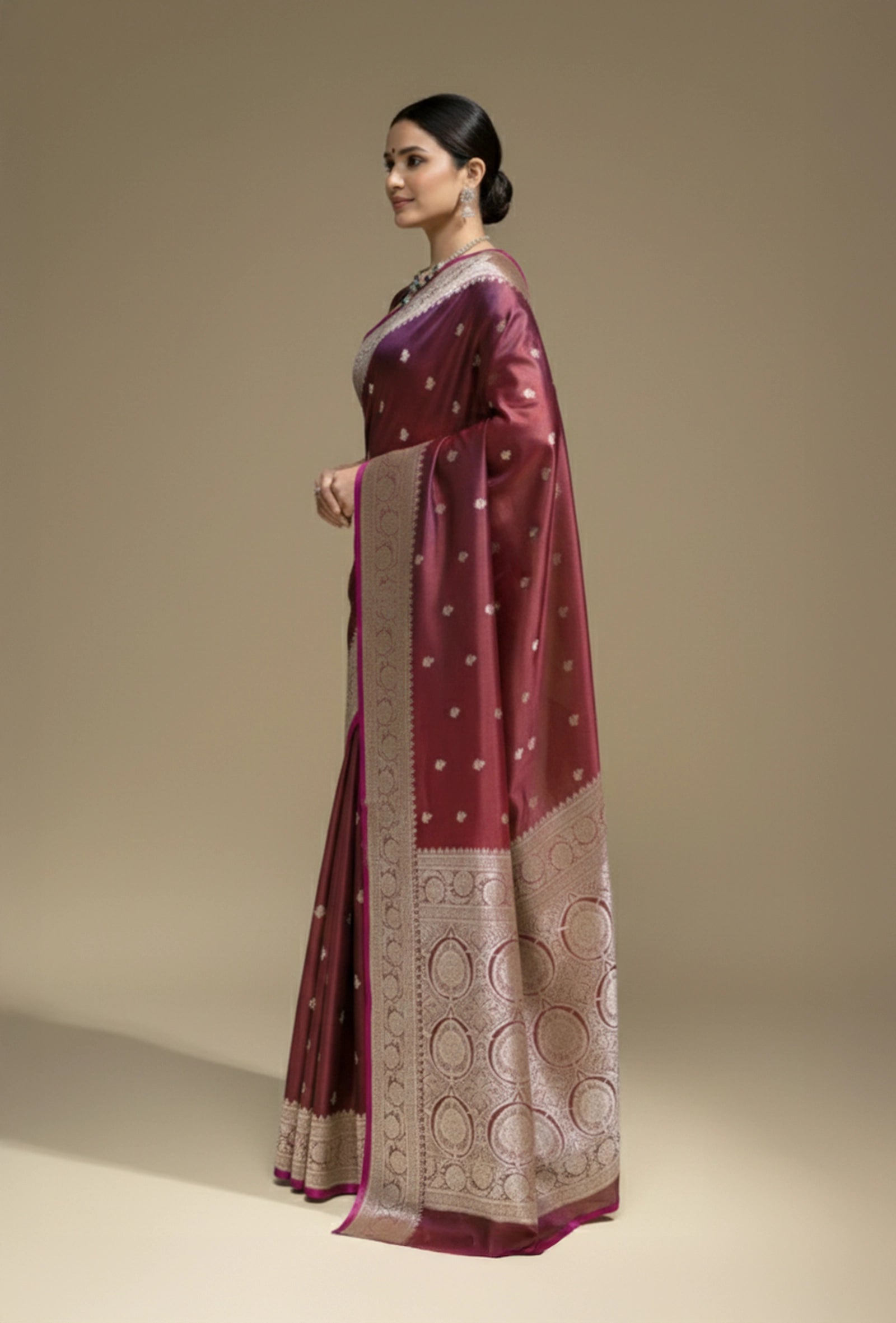 Malai Silk Saree In Deep Wine With Zari Buttiwork Embellishments