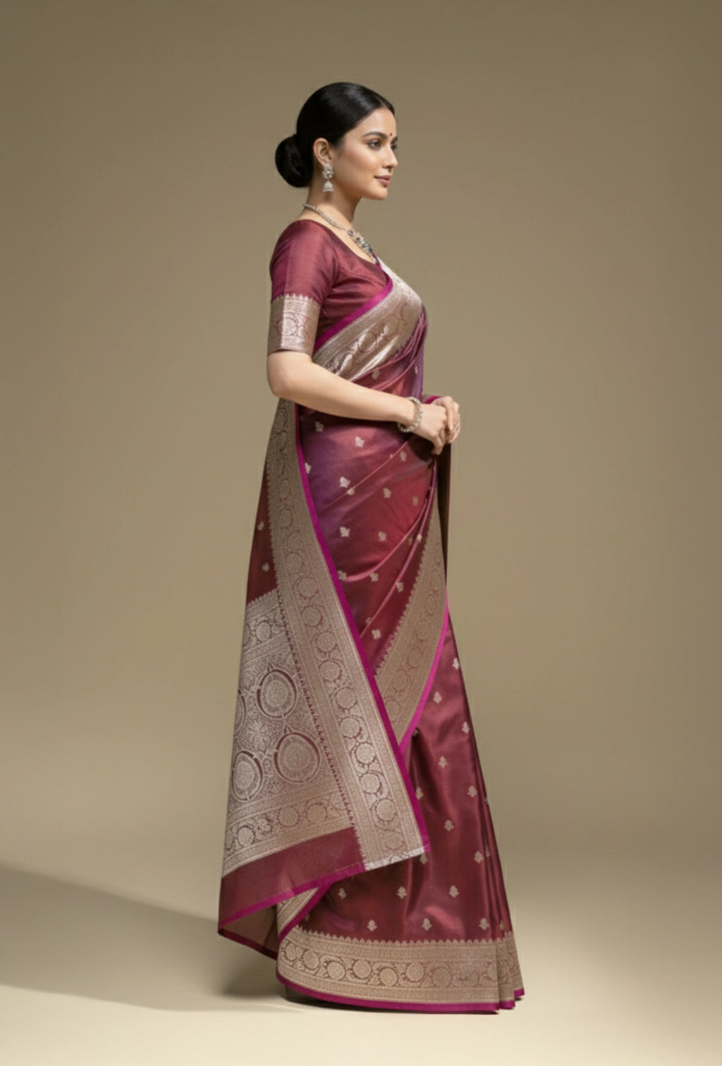 Malai Silk Saree In Deep Wine With Zari Buttiwork Embellishments