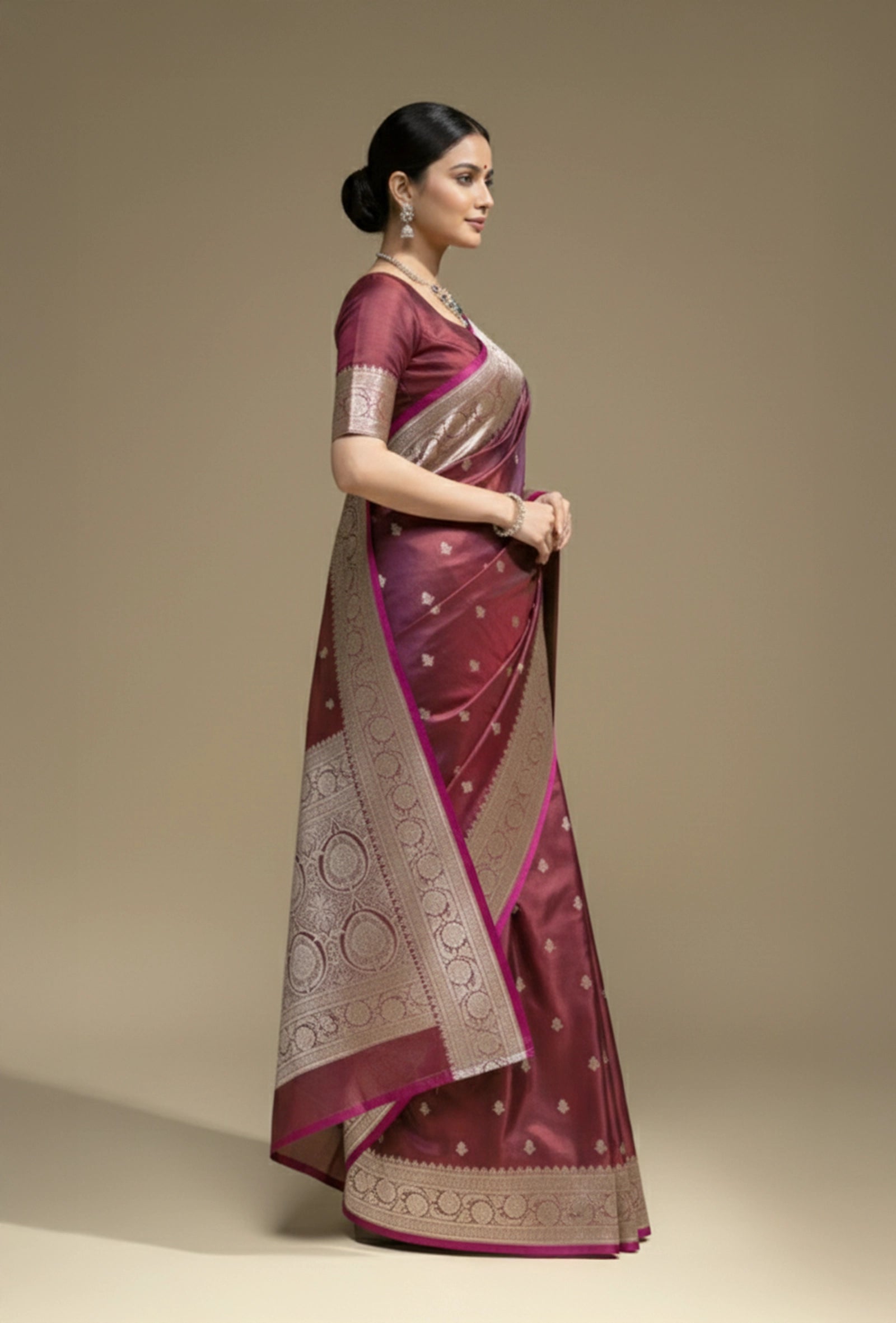 Malai Silk Saree In Deep Wine With Zari Buttiwork Embellishments