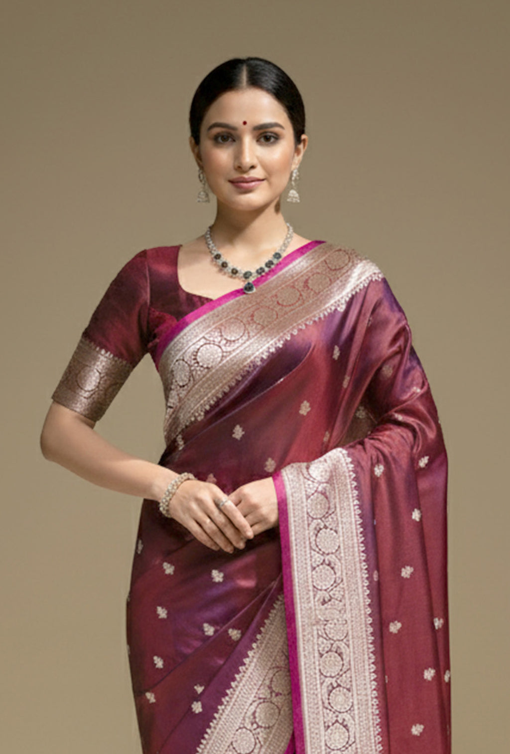Malai Silk Saree In Deep Wine With Zari Buttiwork Embellishments