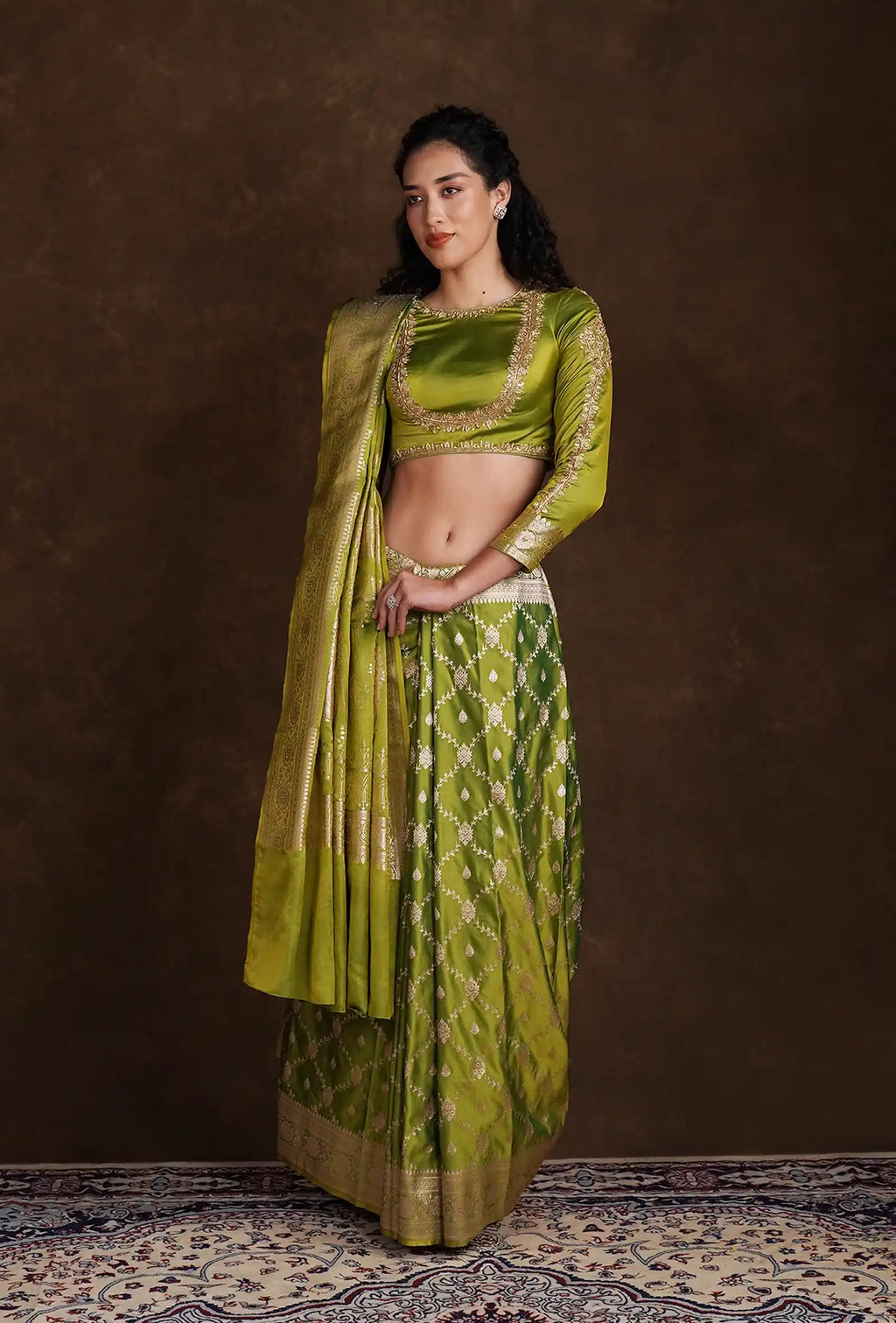 Parrot Green Mashru Silk Saree with Jaalwork in Zari