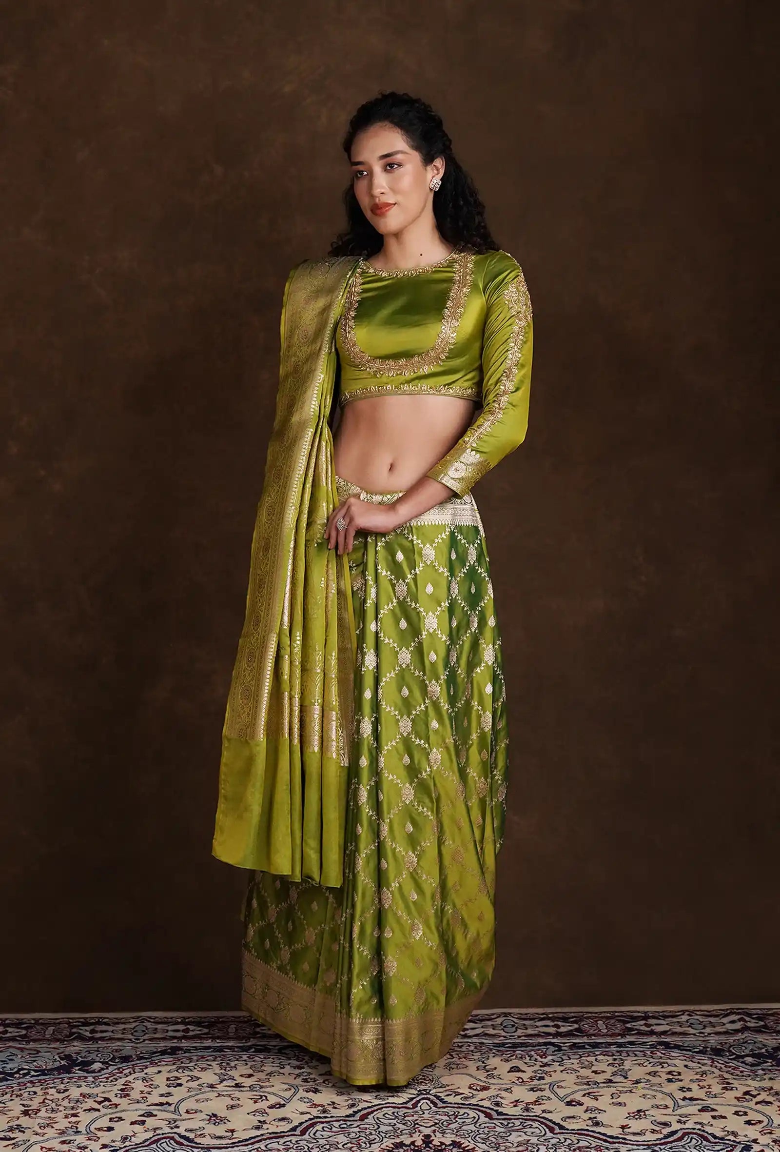 Parrot Green Mashru Silk Saree with Jaalwork in Zari