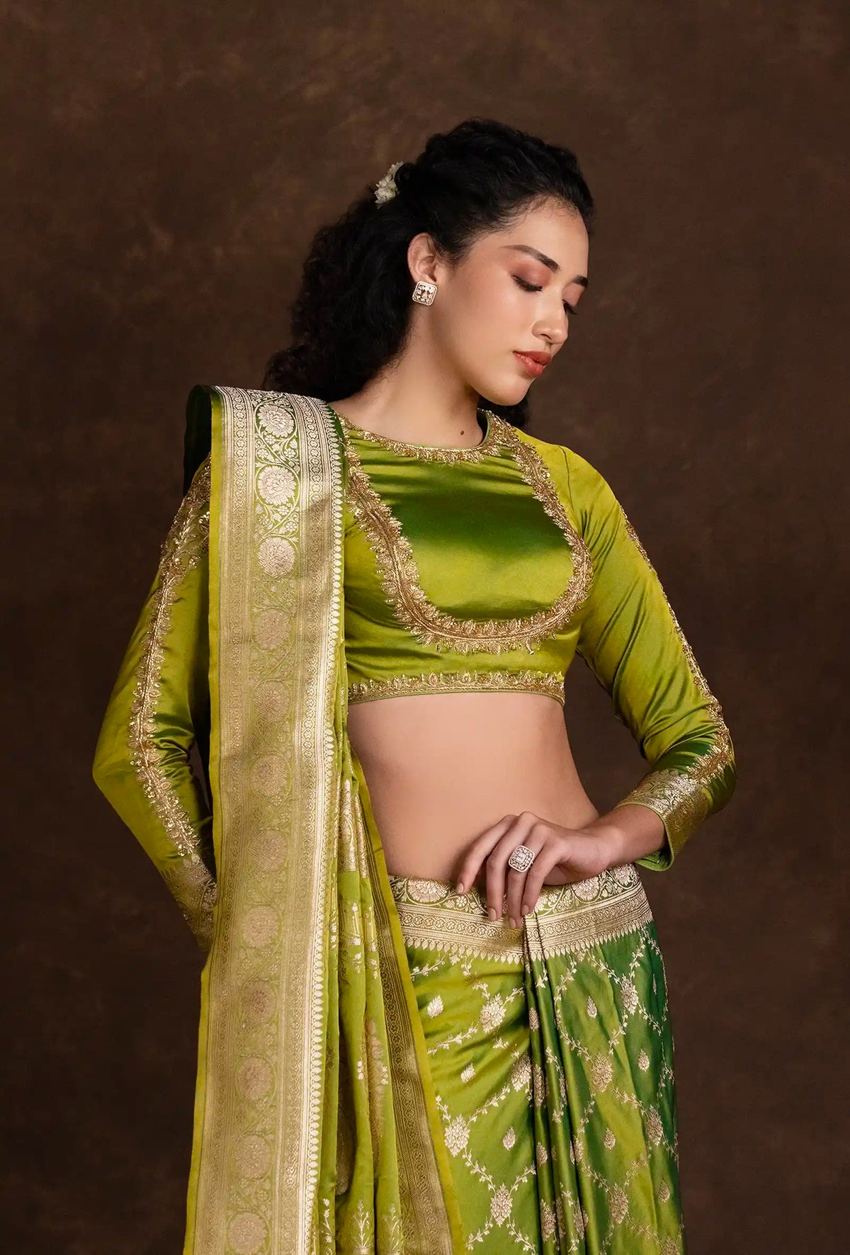 Parrot Green Mashru Silk Saree with Jaalwork in Zari