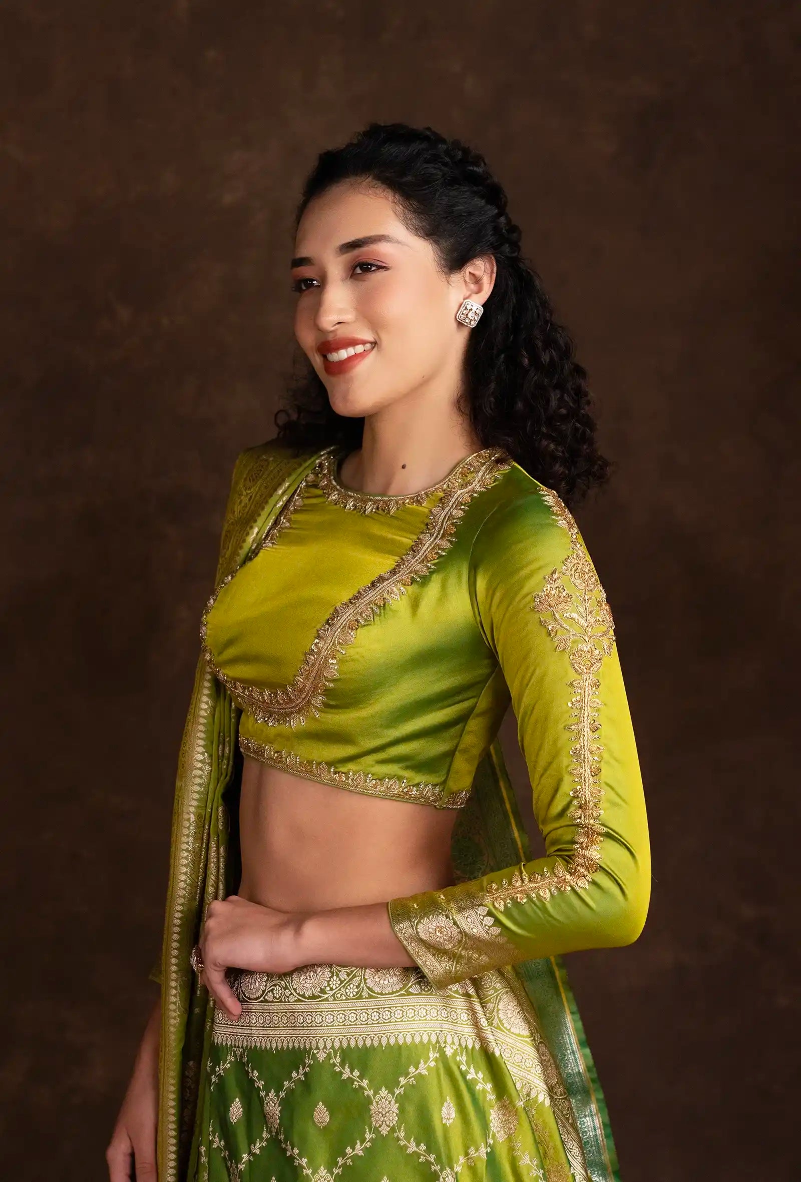 Parrot Green Mashru Silk Saree with Jaalwork in Zari