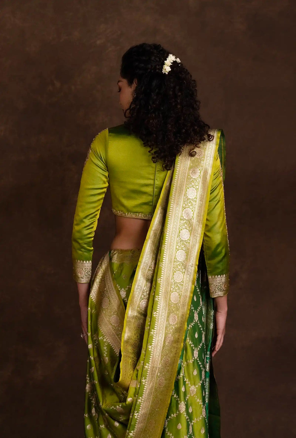 Parrot Green Mashru Silk Saree with Jaalwork in Zari