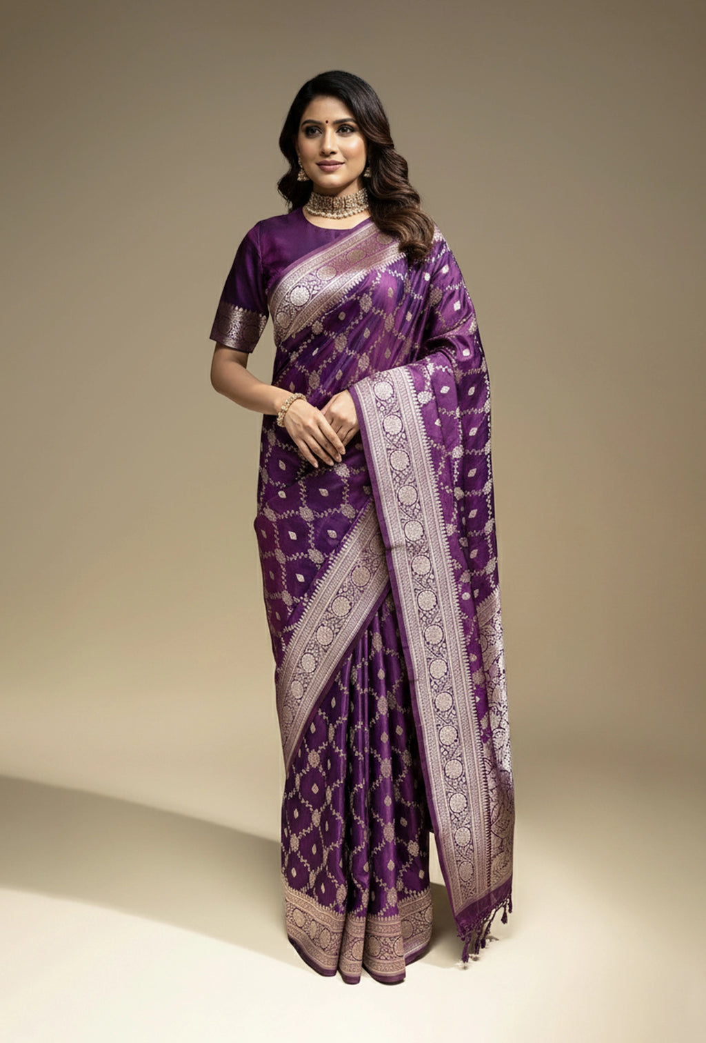 Pure Mashru Silk Saree In Deep Purple With Intricate Jaal Work