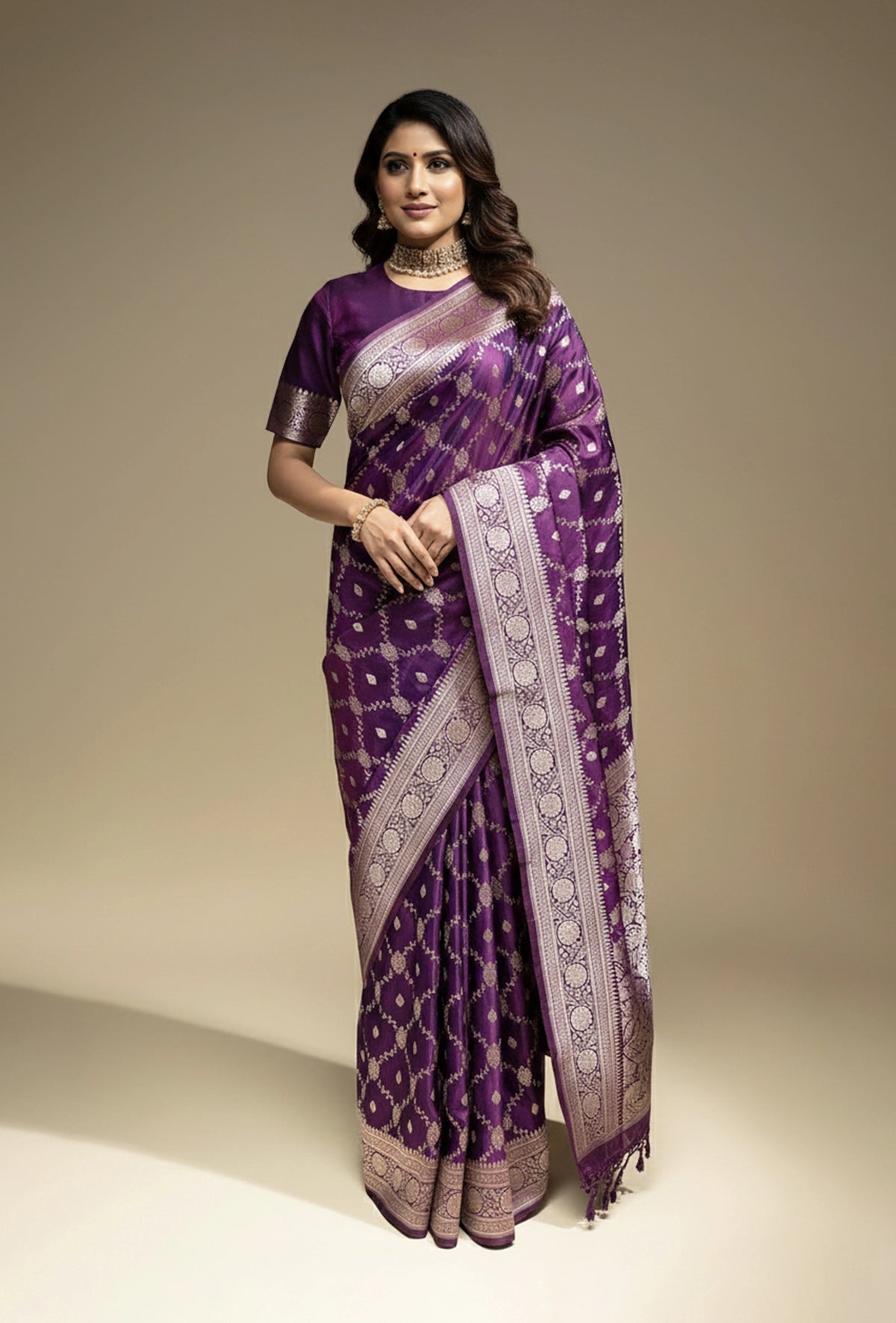Pure Mashru Silk Saree In Deep Purple With Intricate Jaal Work
