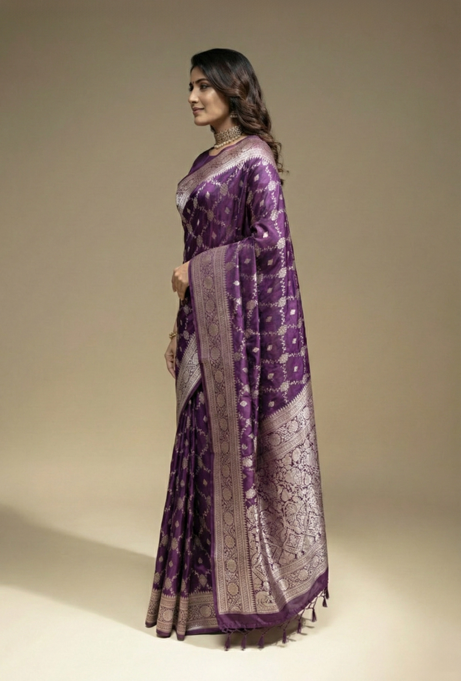 Pure Mashru Silk Saree In Deep Purple With Intricate Jaal Work