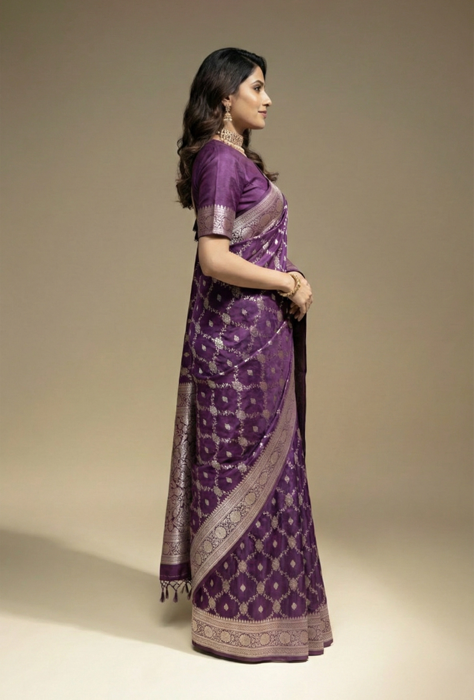 Pure Mashru Silk Saree In Deep Purple With Intricate Jaal Work