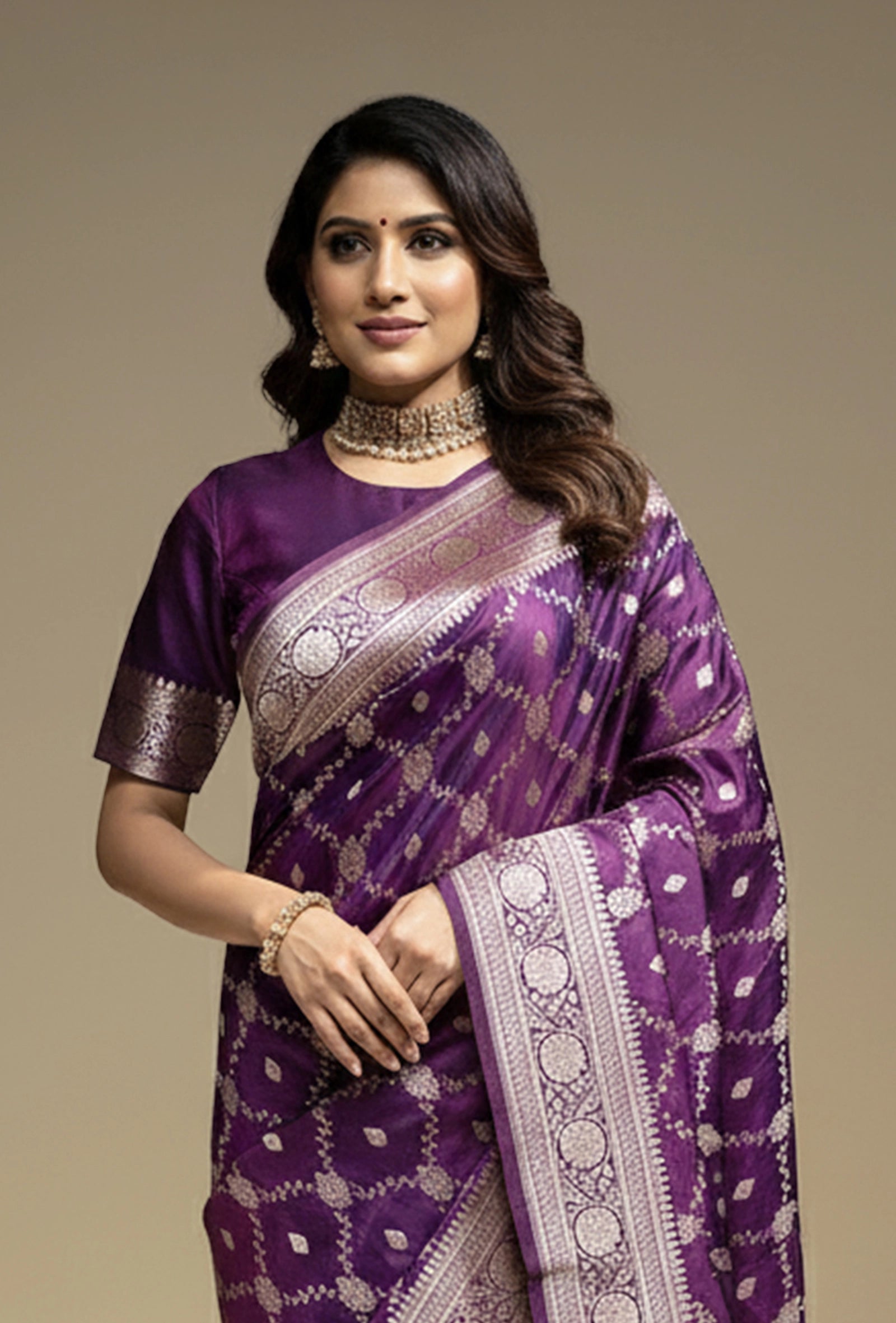 Pure Mashru Silk Saree In Deep Purple With Intricate Jaal Work
