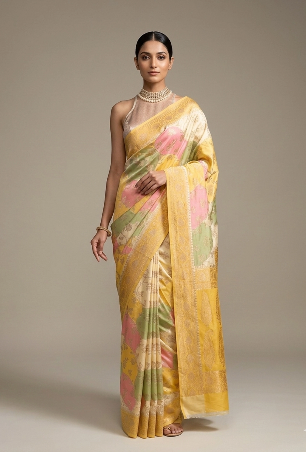 Pastel Yellow Khadi Georgette Saree With Unstitched Blouse