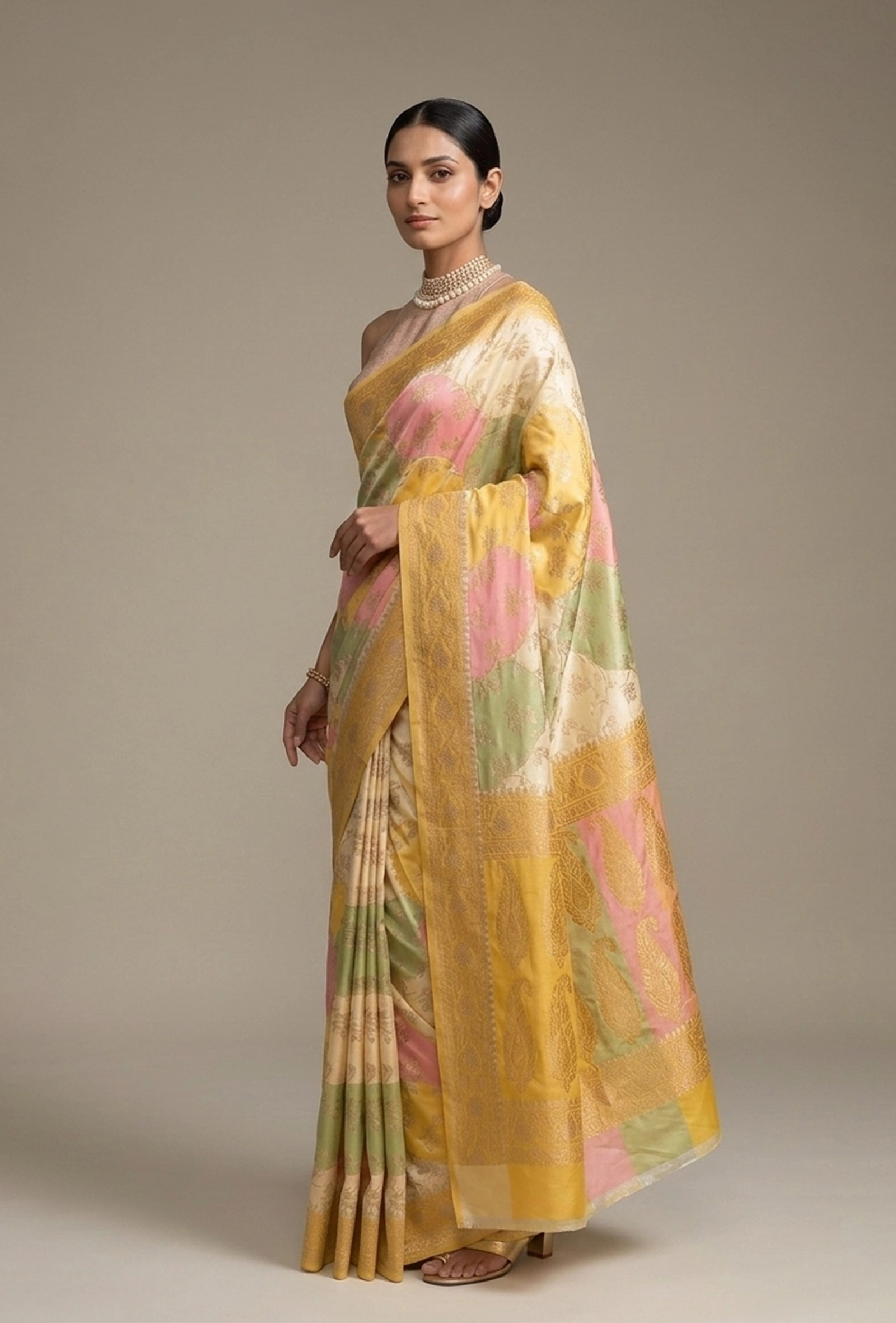 Pastel Yellow Khadi Georgette Saree With Unstitched Blouse