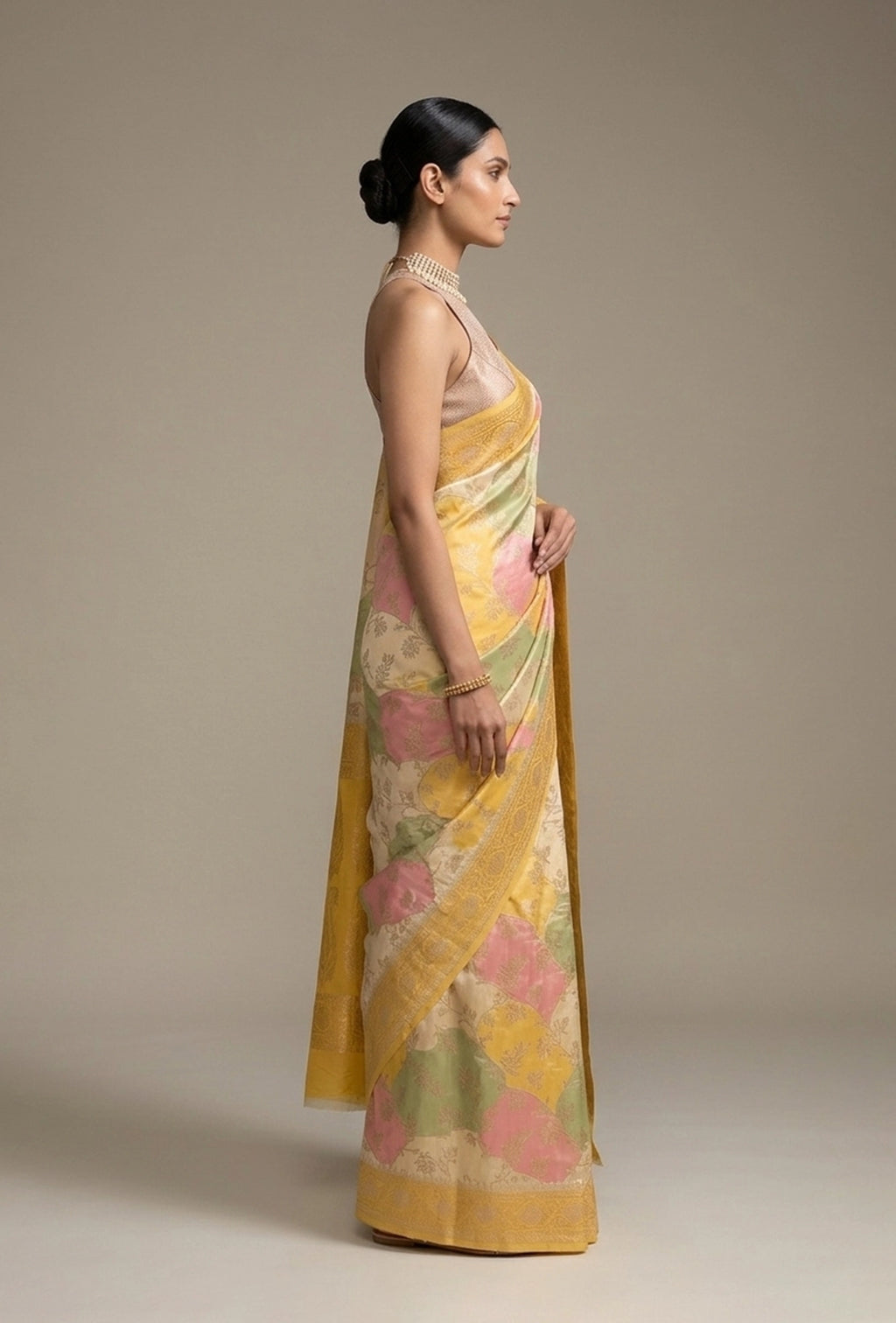 Pastel Yellow Khadi Georgette Saree With Unstitched Blouse