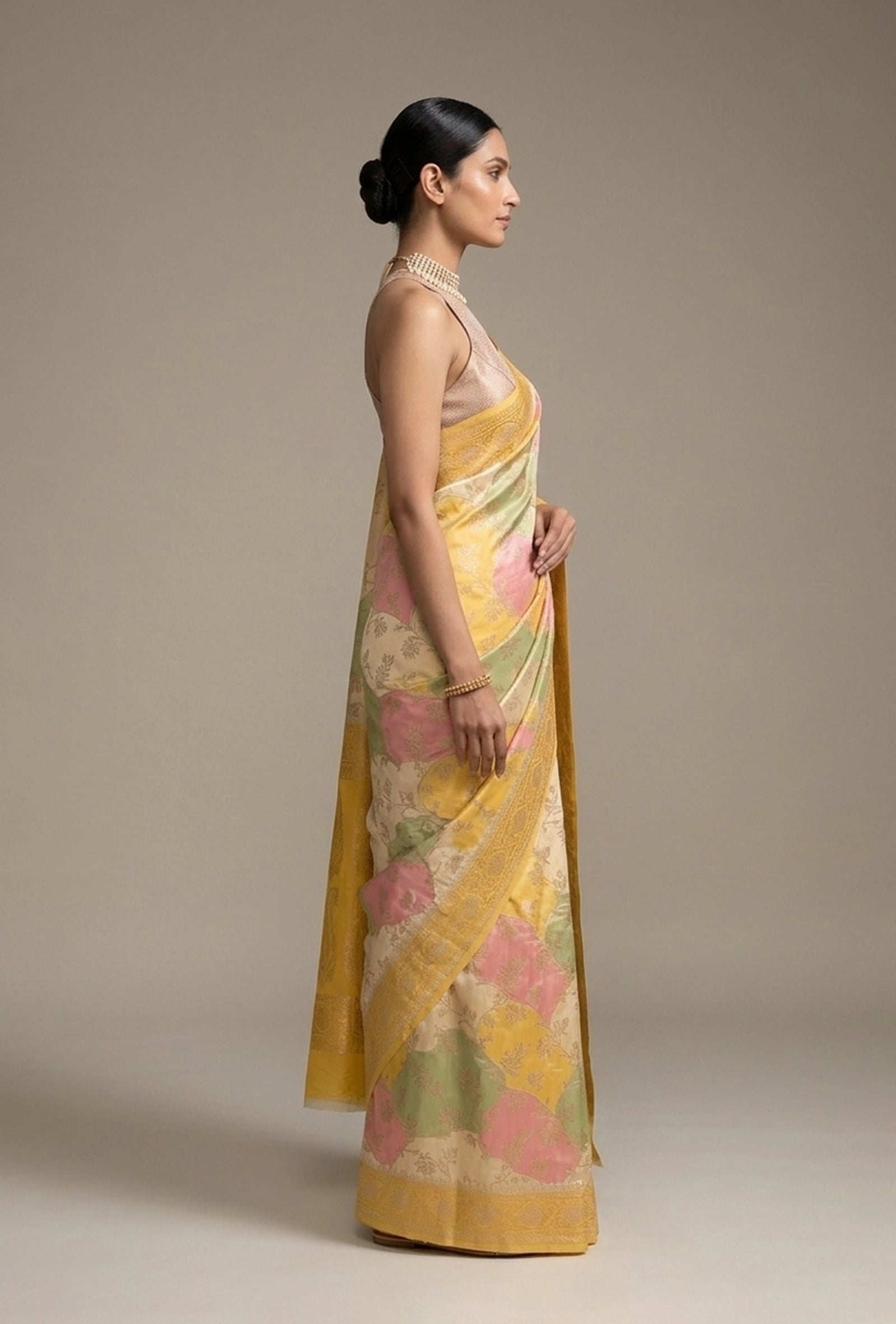Pastel Yellow Khadi Georgette Saree With Unstitched Blouse