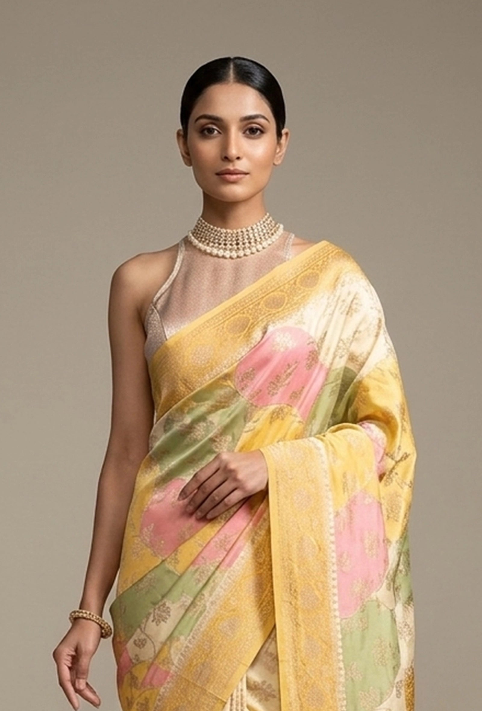 Pastel Yellow Khadi Georgette Saree With Unstitched Blouse