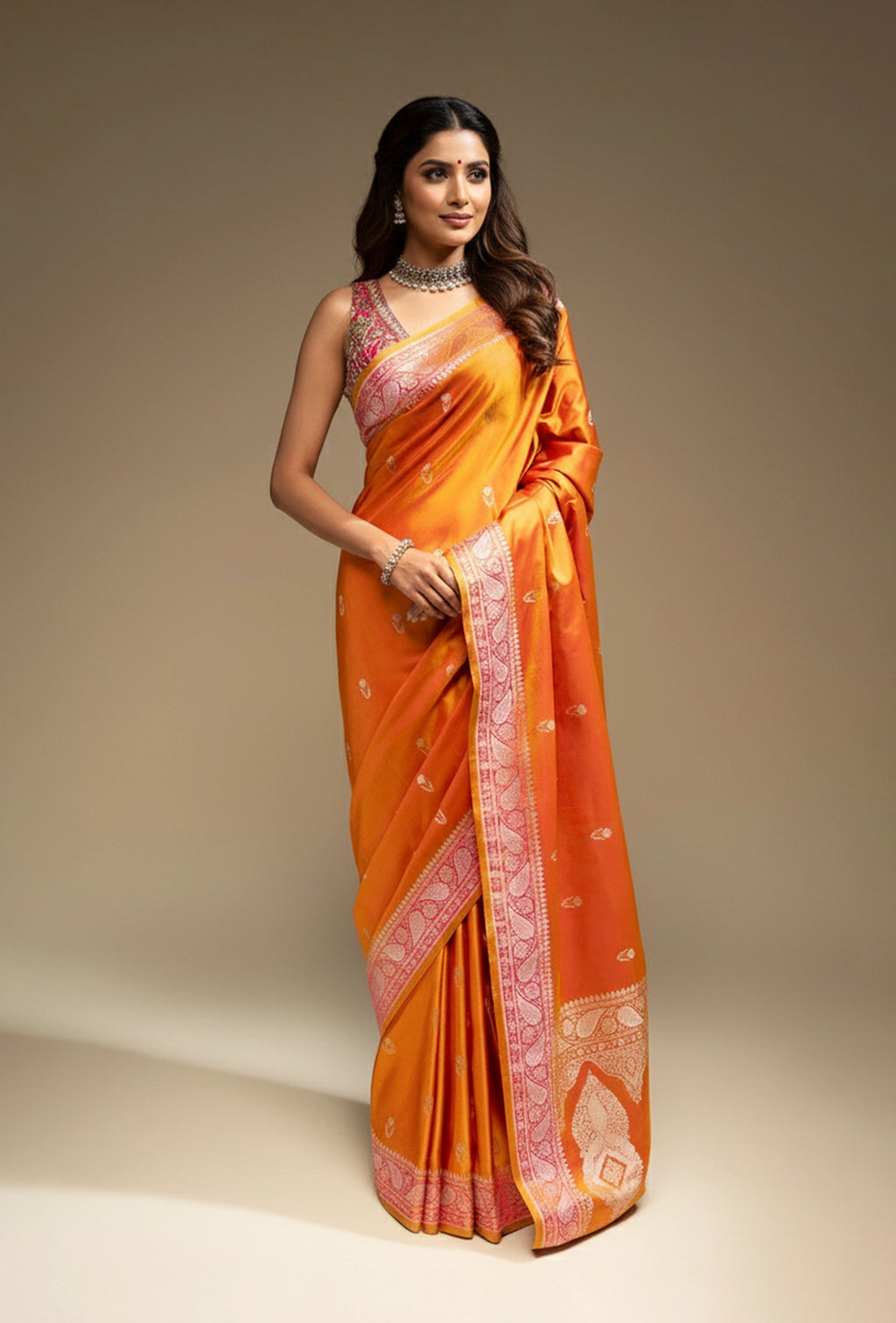 Mango Orange Dual Color Mashru Silk Saree With Unstitched Blouse