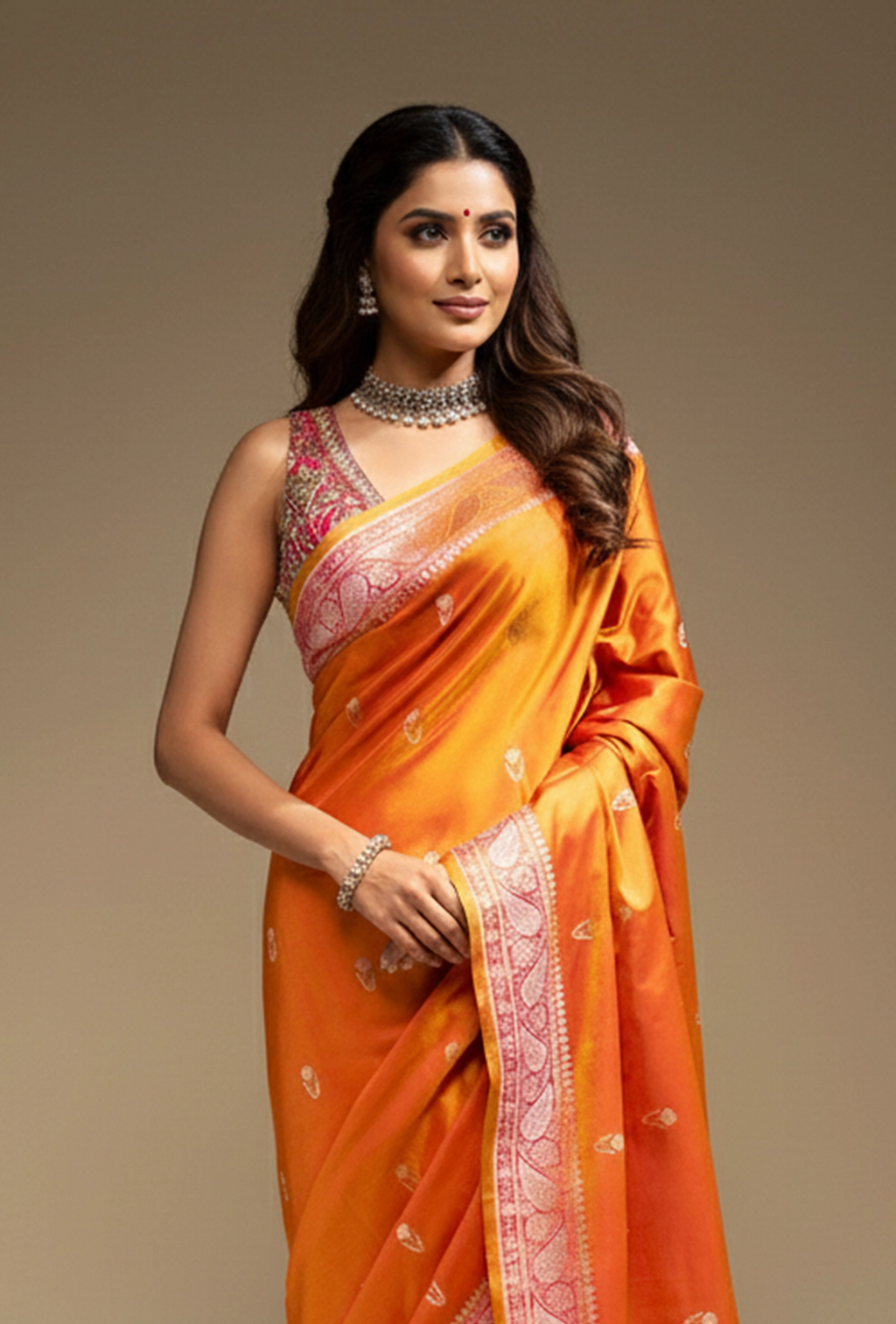 Mango Orange Dual Color Mashru Silk Saree With Unstitched Blouse