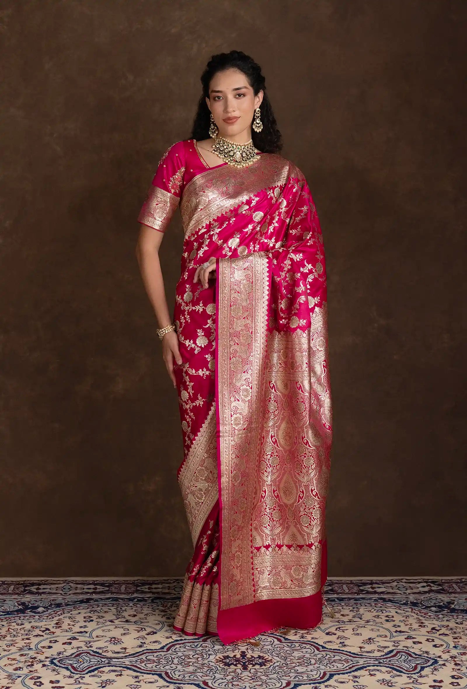Pure Mashru Silk Saree In Hot Pink With Beautiful Jaal Work
