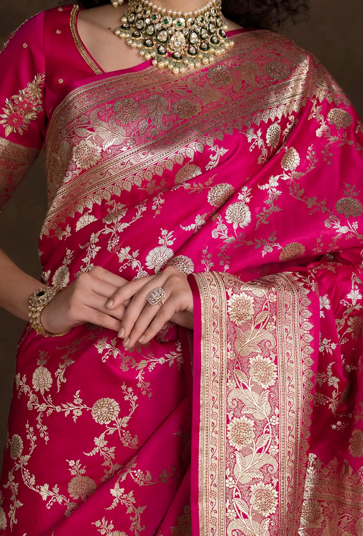 Pure Mashru Silk Saree In Hot Pink With Beautiful Jaal Work