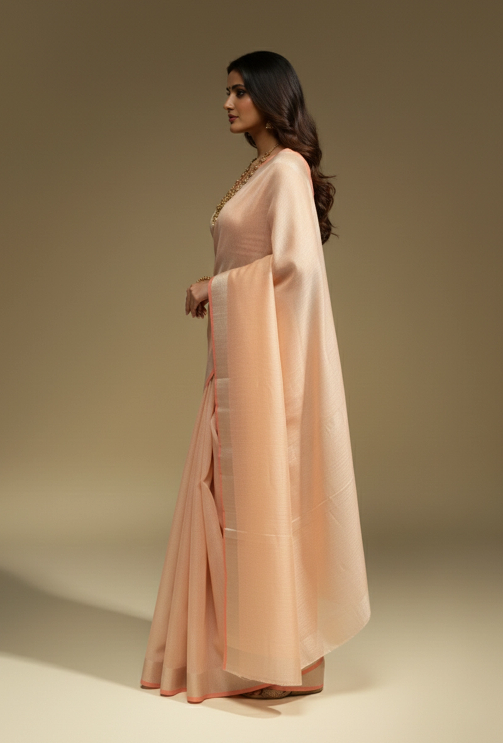 Khadi Tissue Saree in Coral Pink
