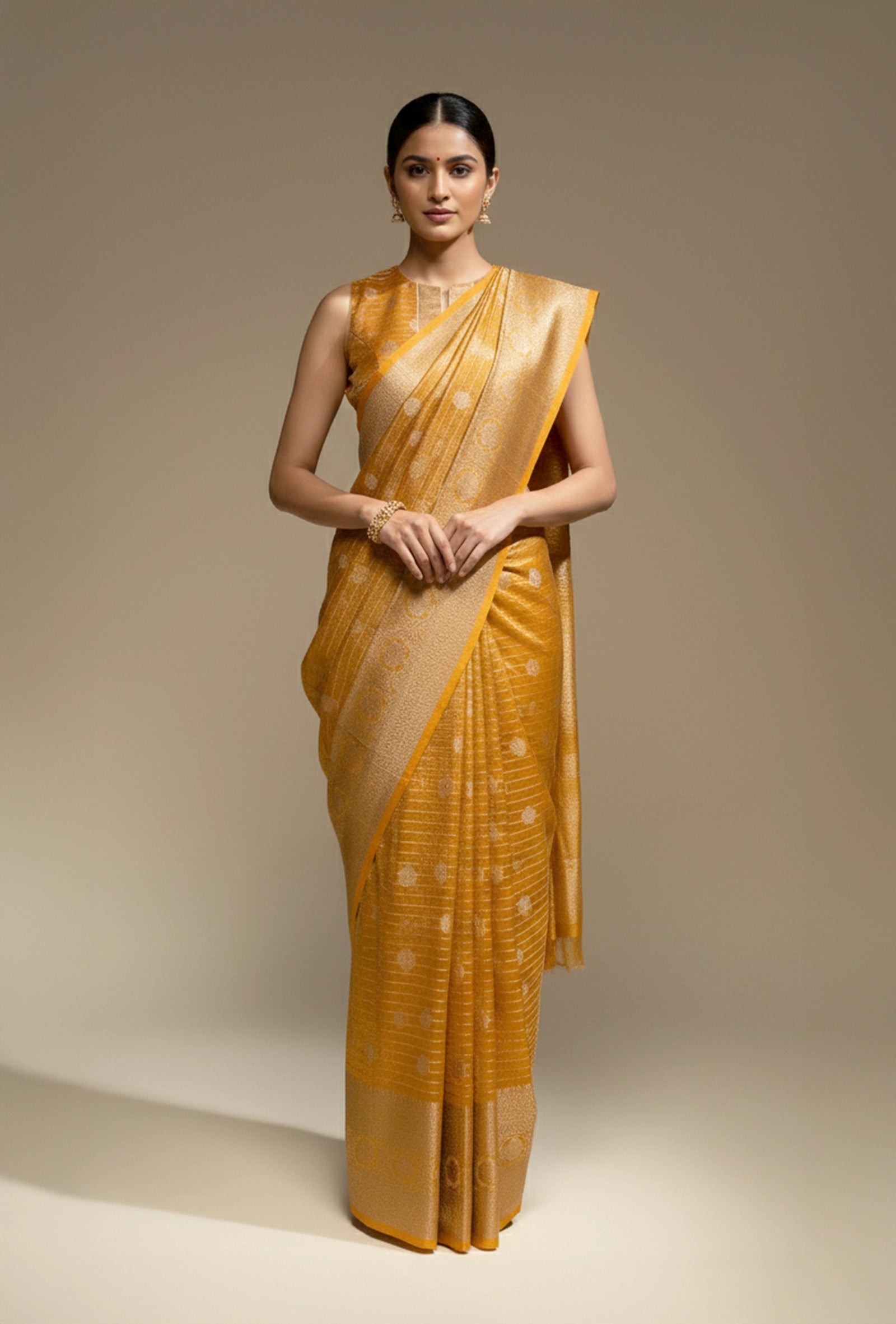 Marigold Yellow Crushed Tissue Silk Saree With Unstitched Blouse