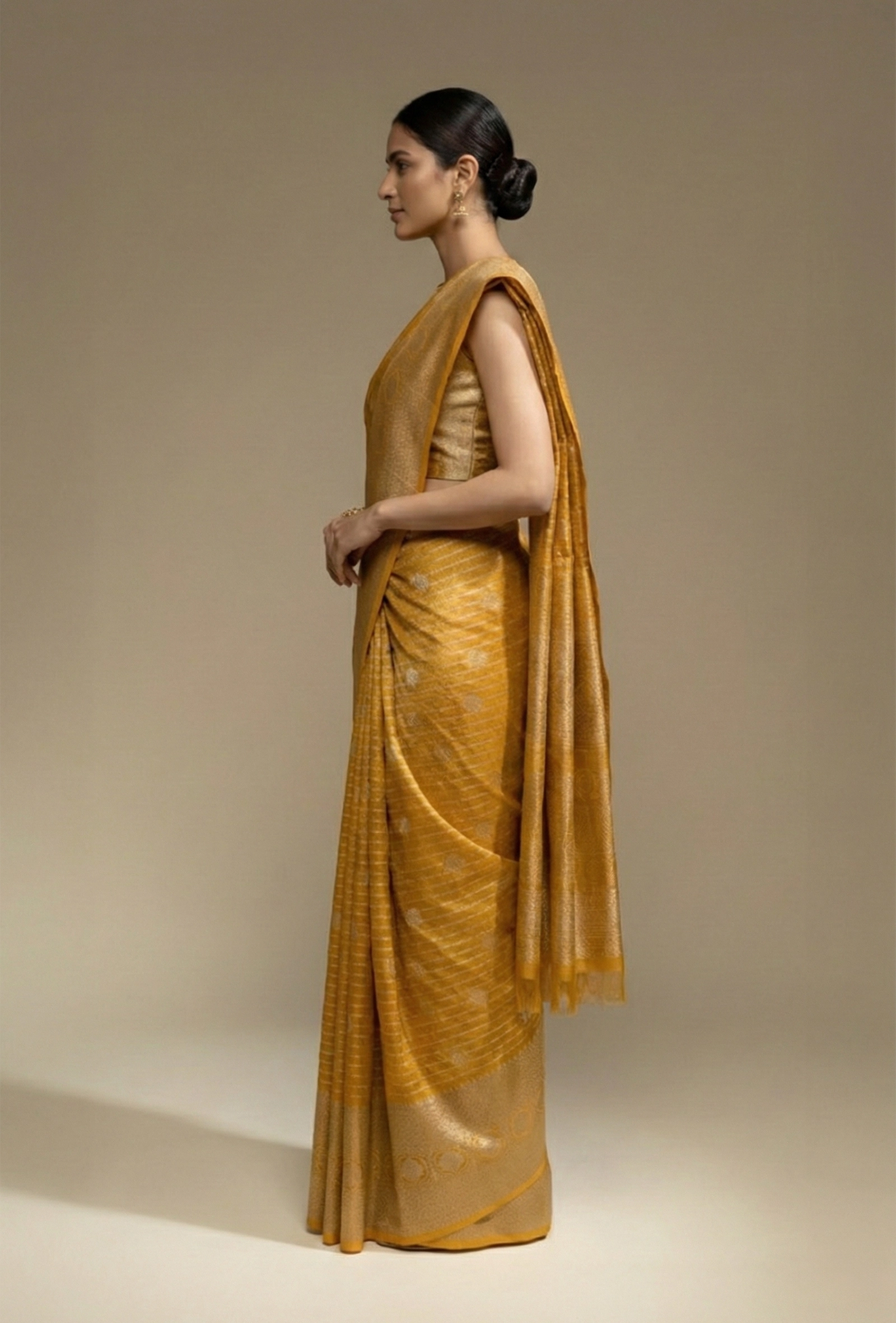 Marigold Yellow Crushed Tissue Silk Saree With Unstitched Blouse
