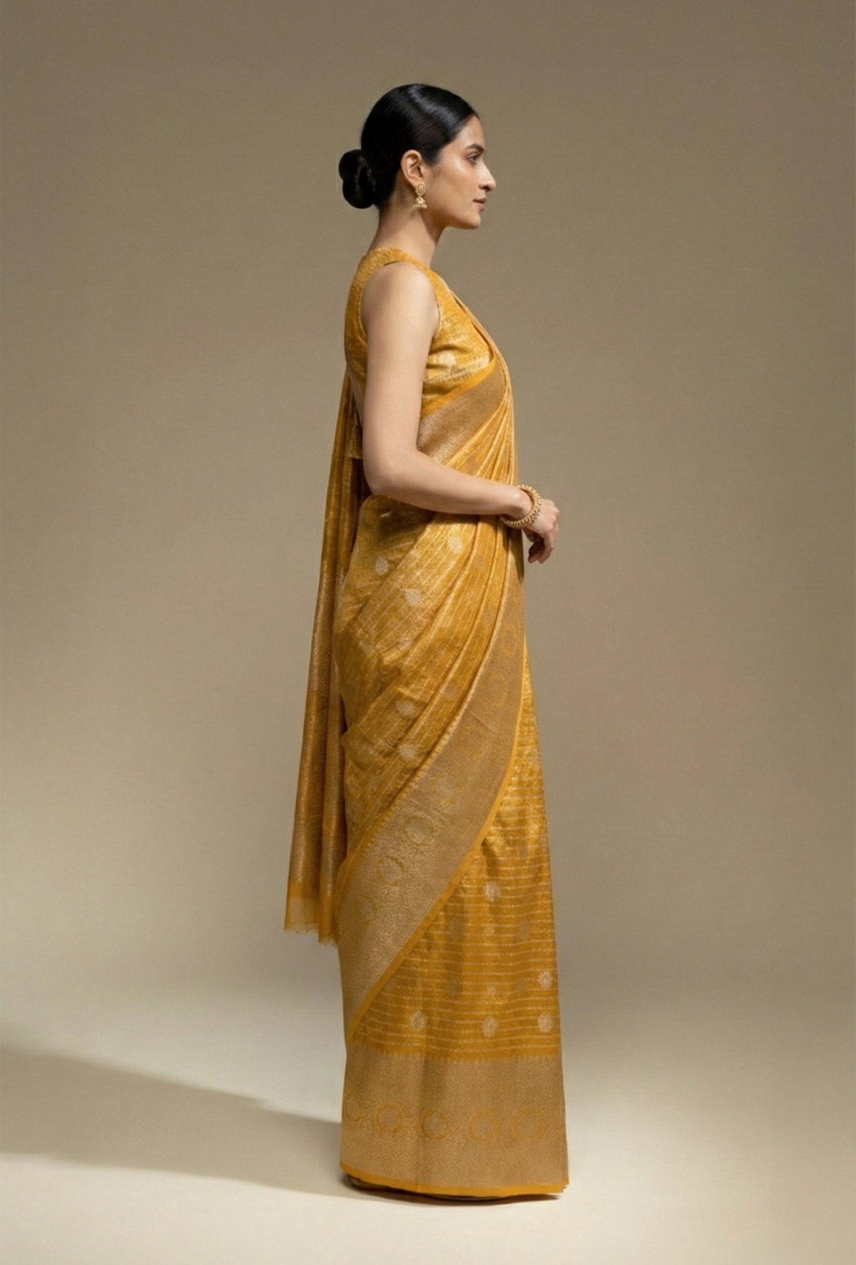 Marigold Yellow Crushed Tissue Silk Saree With Unstitched Blouse