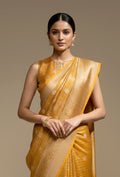 Marigold Yellow Crushed Tissue Silk Saree With Unstitched Blouse