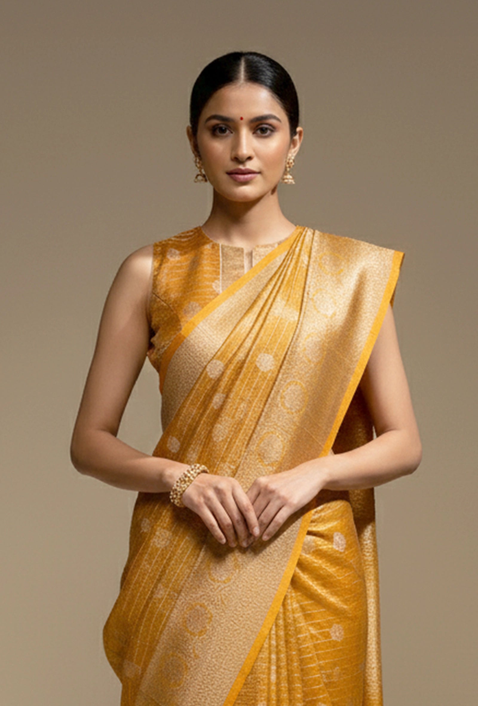 Marigold Yellow Crushed Tissue Silk Saree With Unstitched Blouse