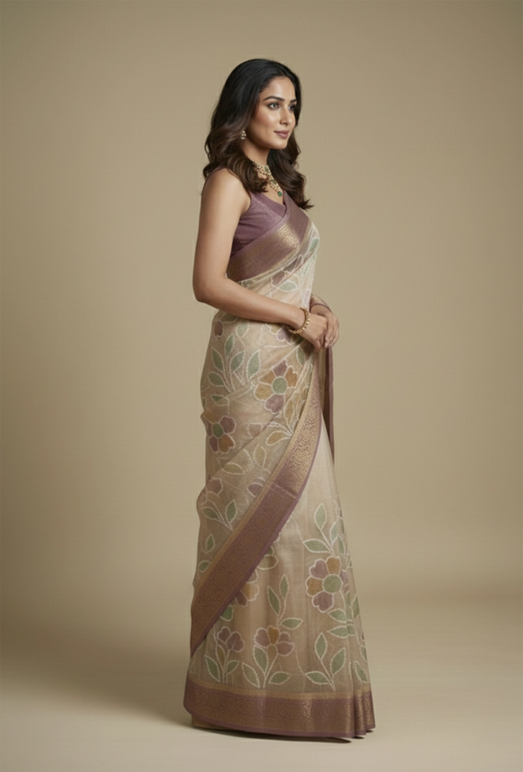 Ochre Yellow Tissue Silk Saree With Unstitched Blouse